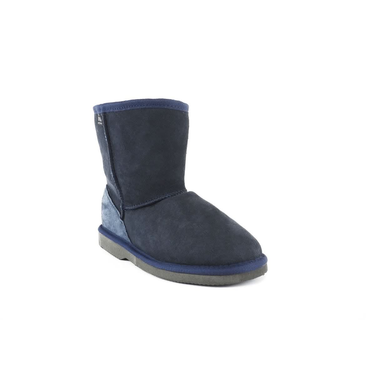 Navy blue sheepskin boot with contrast blue and grey sole, shown from the side angle. - Yellow Earth Australia