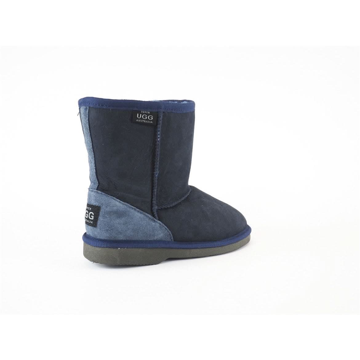 Navy and blue suede sheepskin mid-calf boot with grey sole, rear three-quarter view. - Yellow Earth Australia