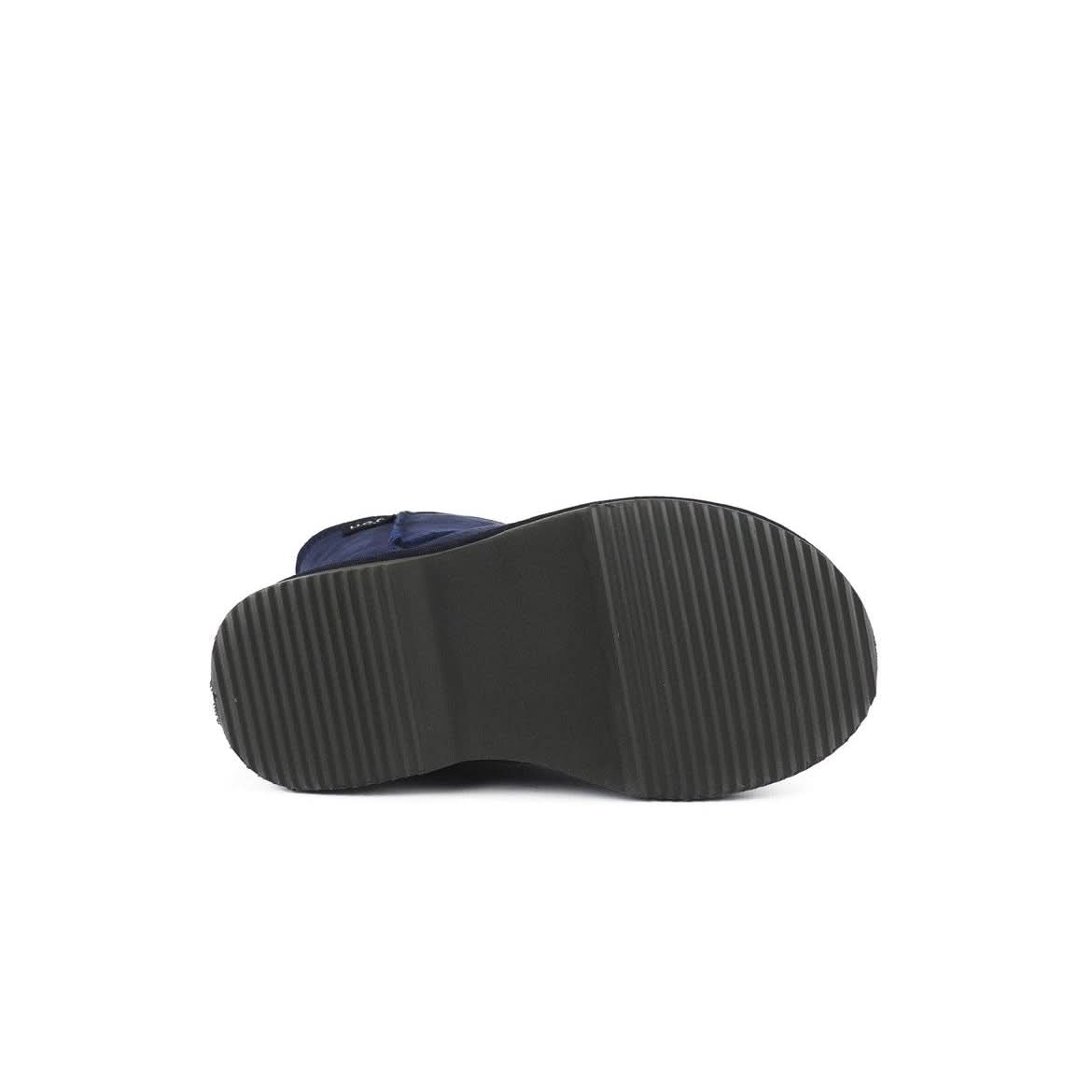Dark ribbed rubber sole of navy blue sheepskin boot viewed from underneath. - Yellow Earth Australia