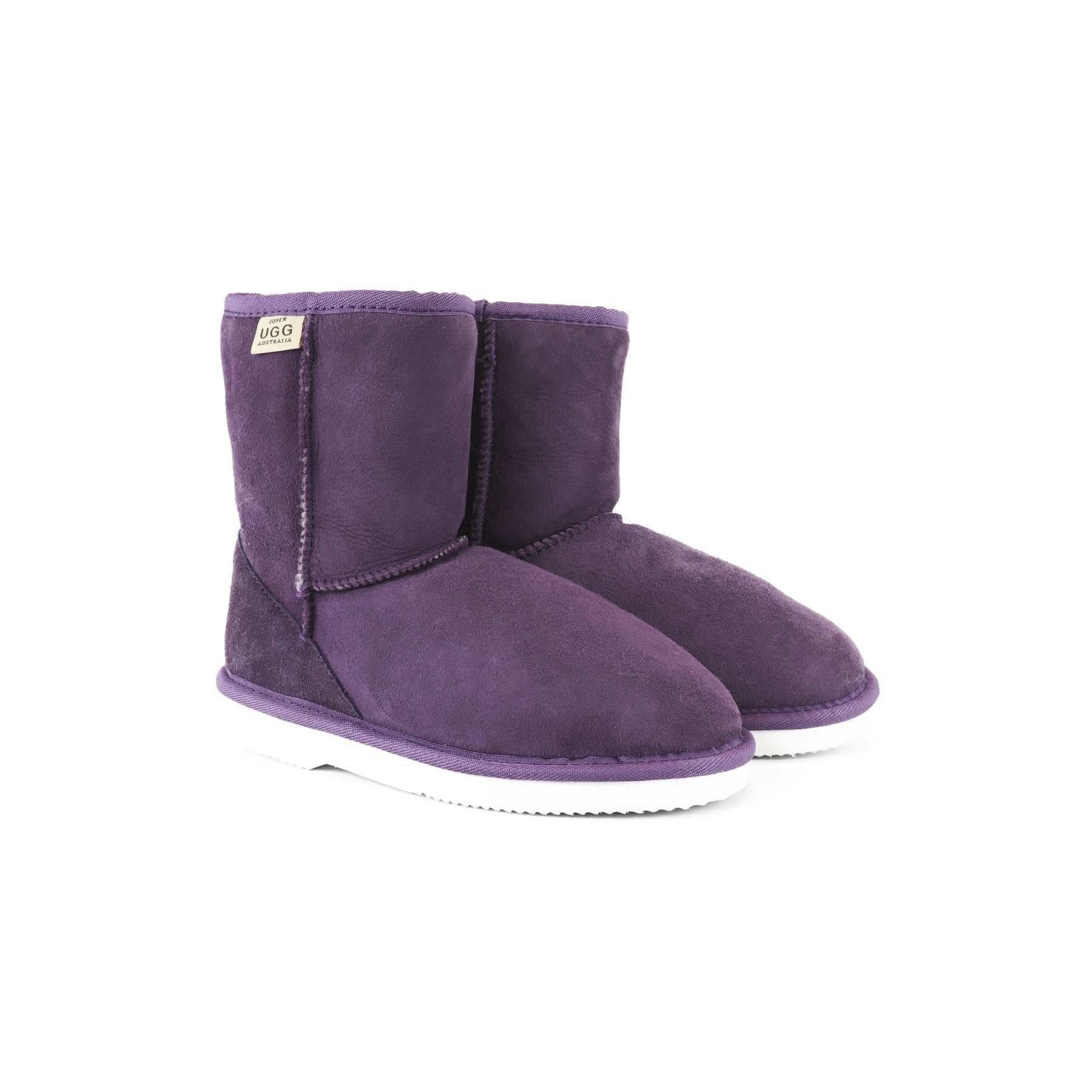Purple sheepskin boots with white sole, displayed in three-quarter front view. - Yellow Earth Australia
