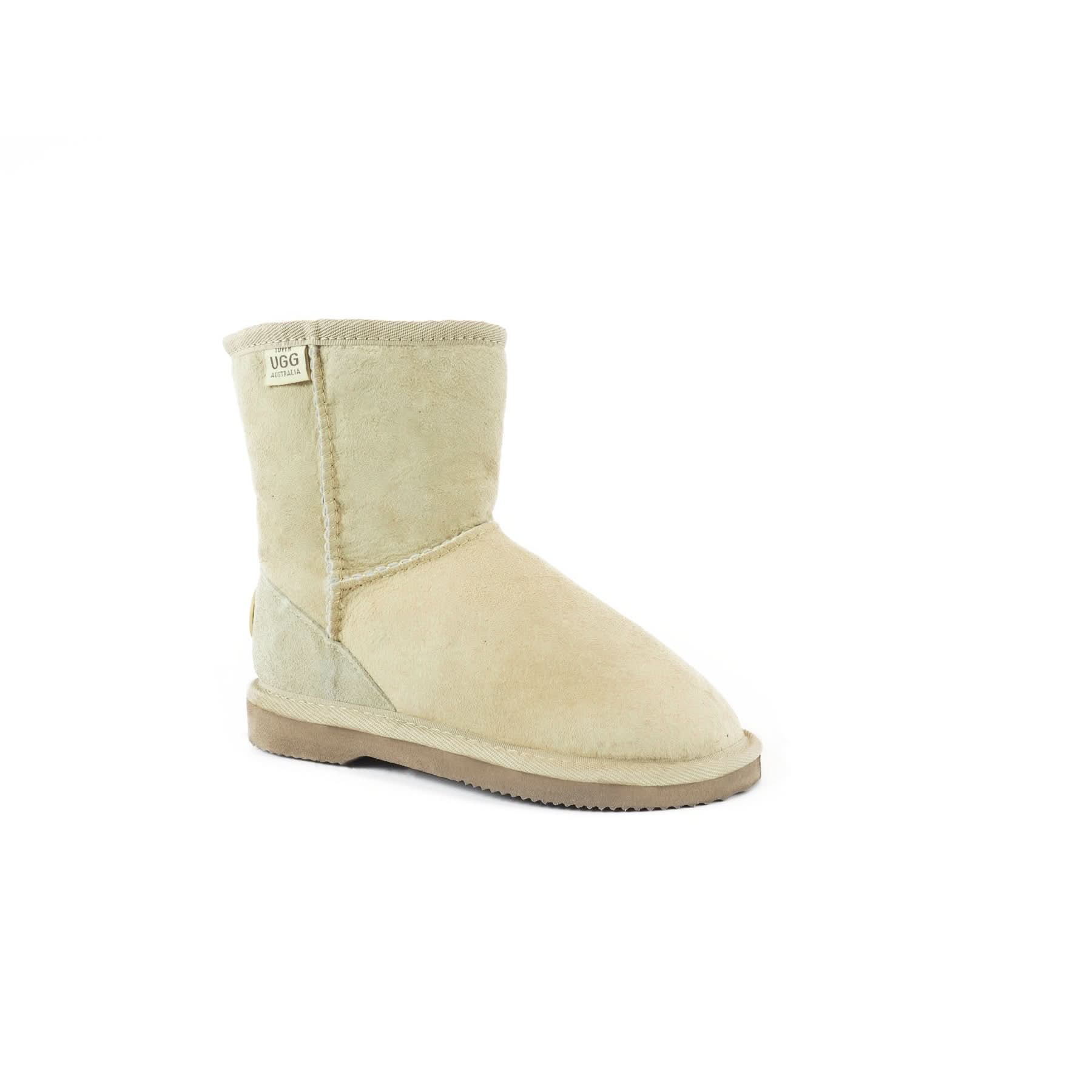 Cream sheepskin mid-calf boot with suede exterior and visible stitching, shown from the side. - Yellow Earth Australia