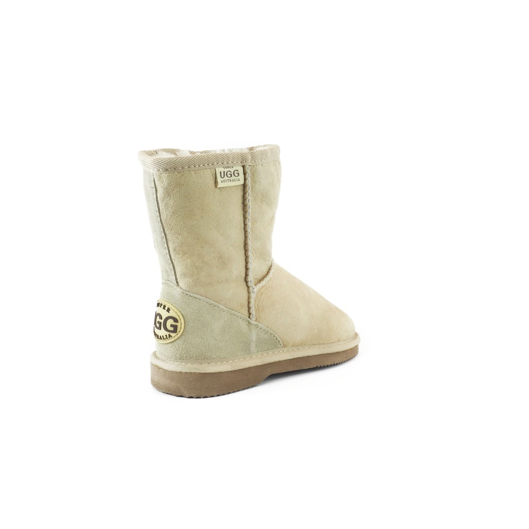 Cream sheepskin boot shown from rear angle displaying wool lining and suede exterior. - Yellow Earth Australia