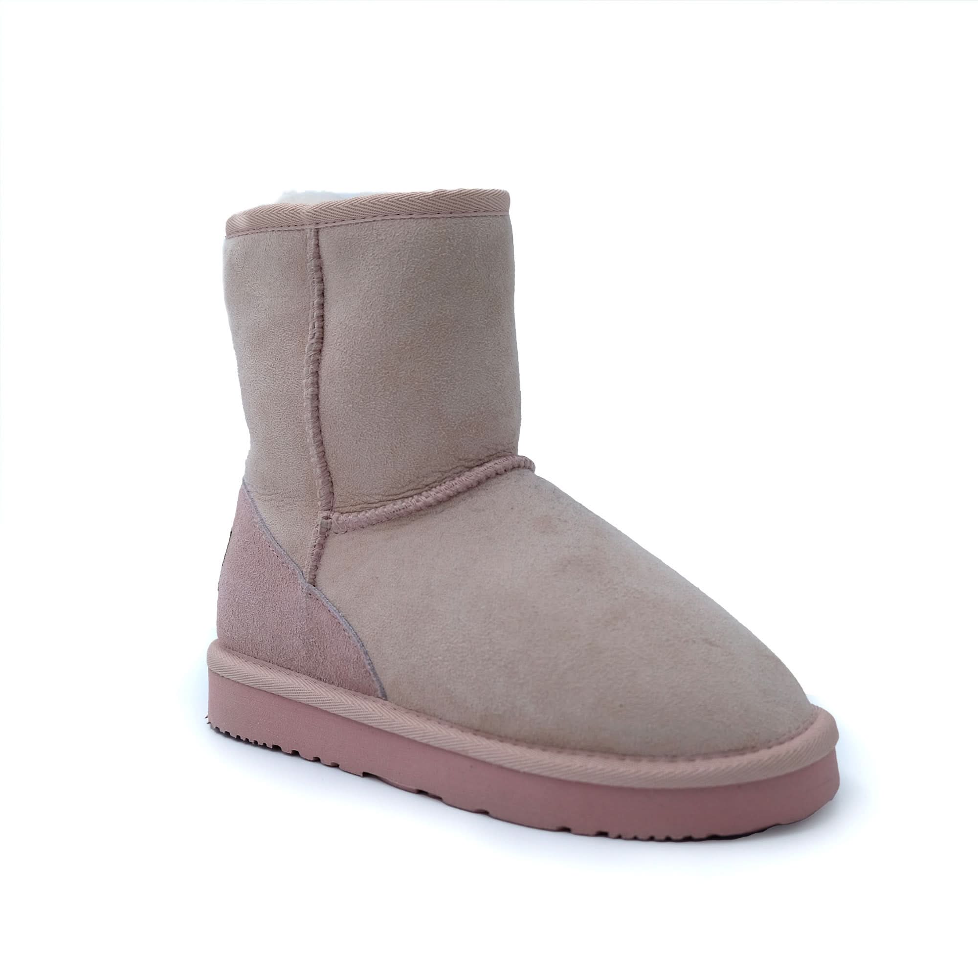 Beige sheepskin wool short boot with pink sole, side view. - Yellow Earth Australia