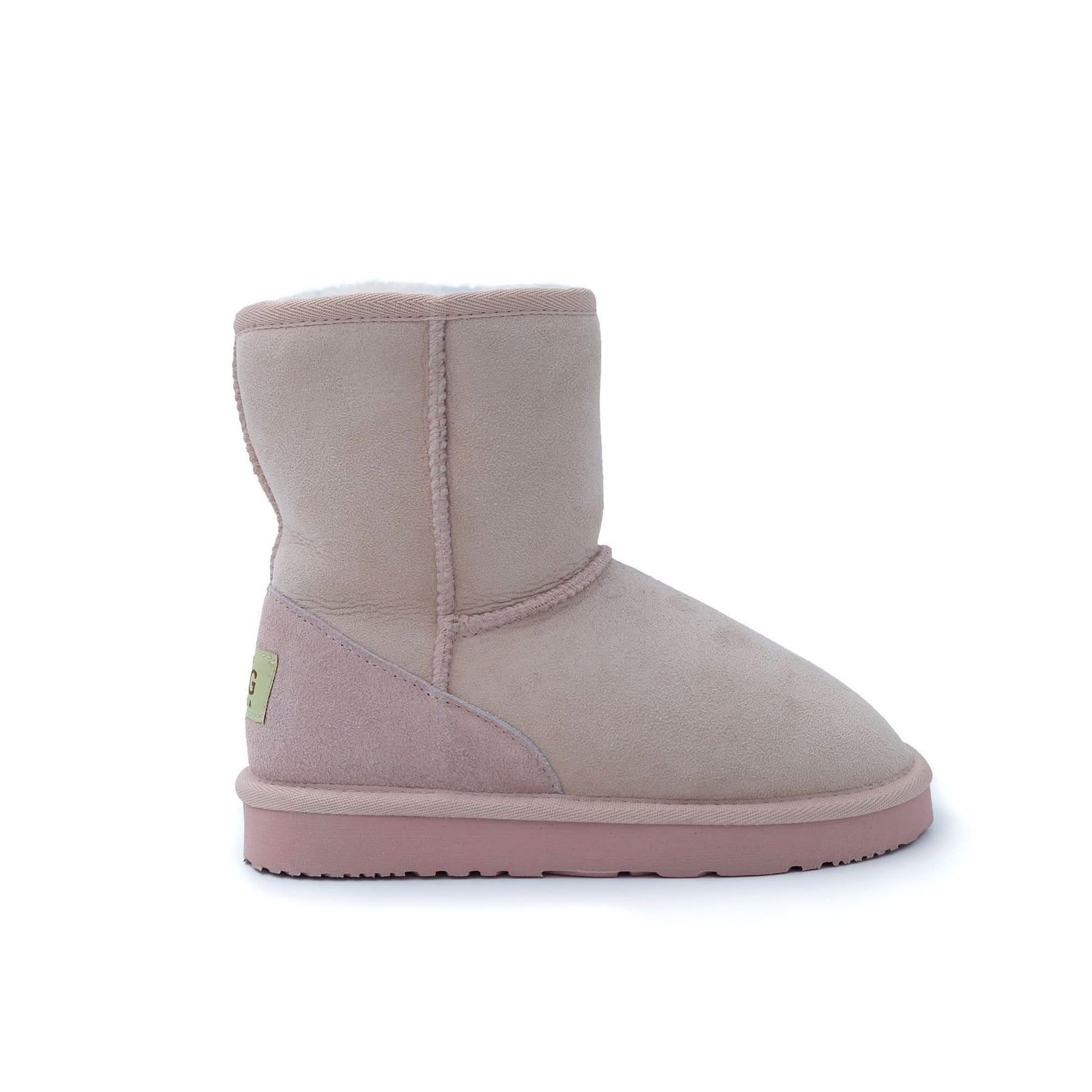 Pink sheepskin short boot with suede upper, side view on white background. - Yellow Earth Australia