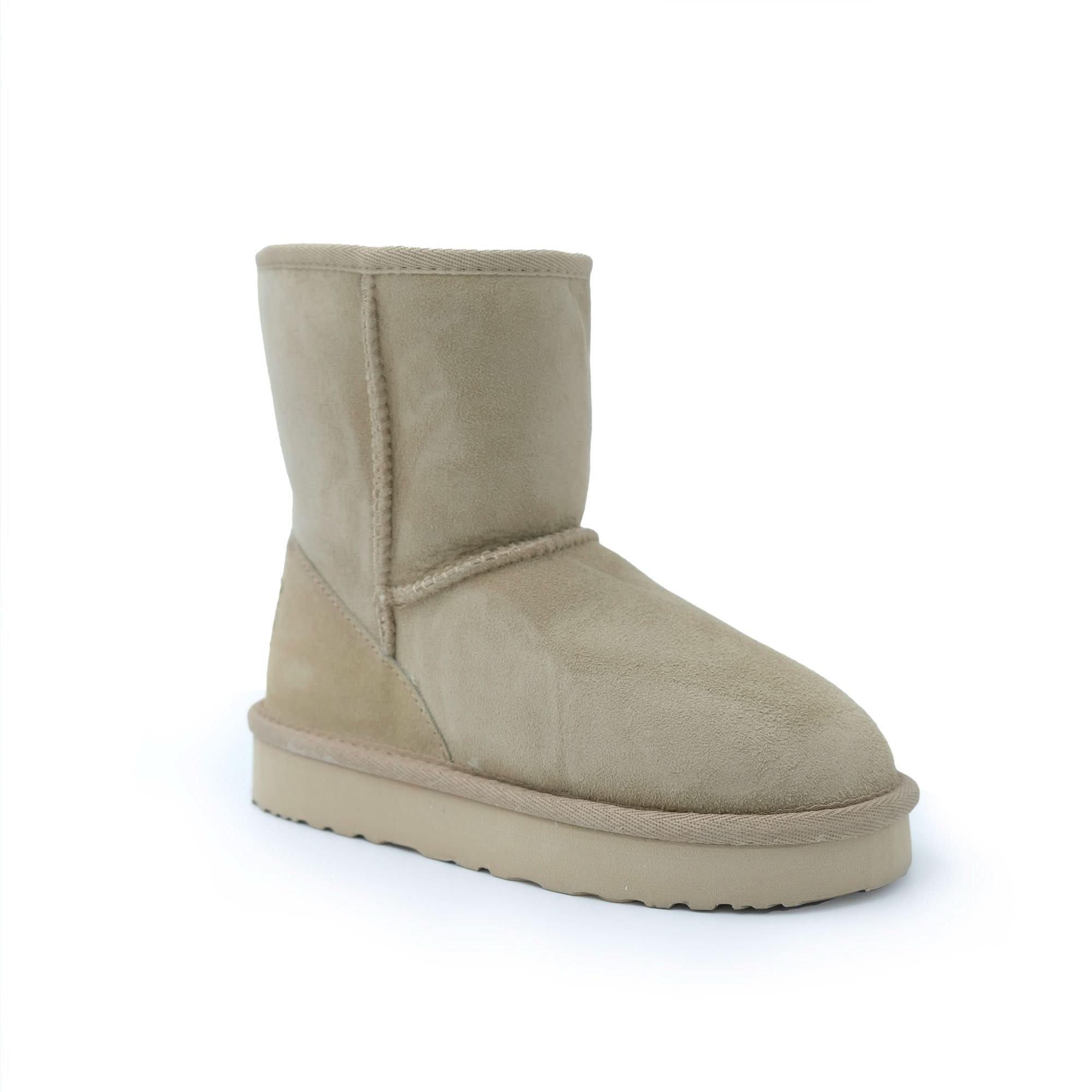 Beige sheepskin wool mid-calf boot with soft suede upper and thick sole, side view. - Yellow Earth Australia
