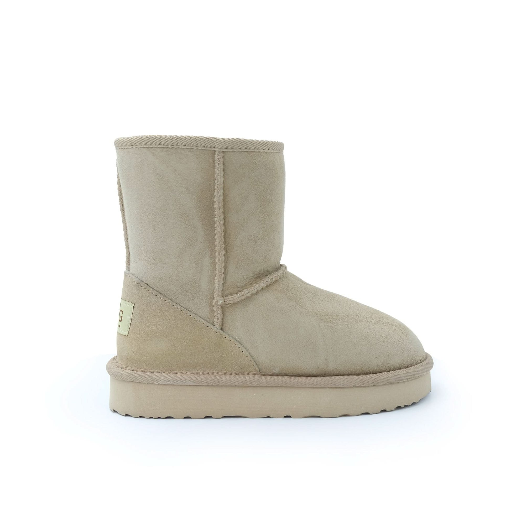 Beige sheepskin short boot with wool lining, side view on white background. - Yellow Earth Australia