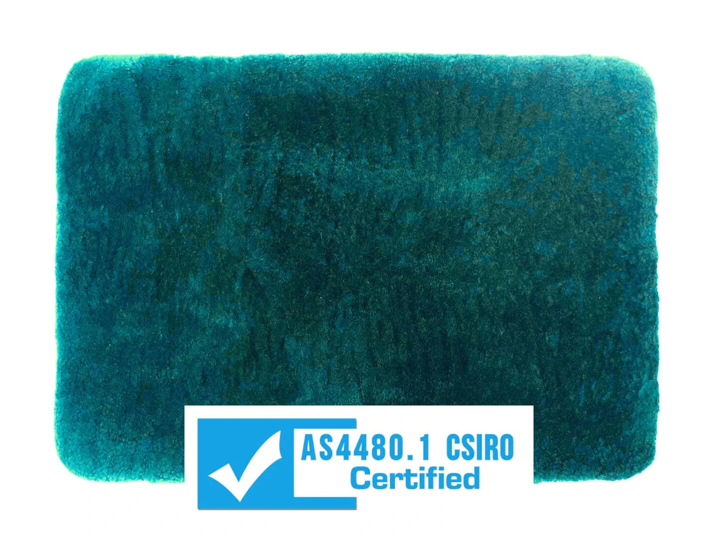 Teal sheepskin rug with AS4480.1 CSIRO certification badge displayed on front. - Yellow Earth Australia