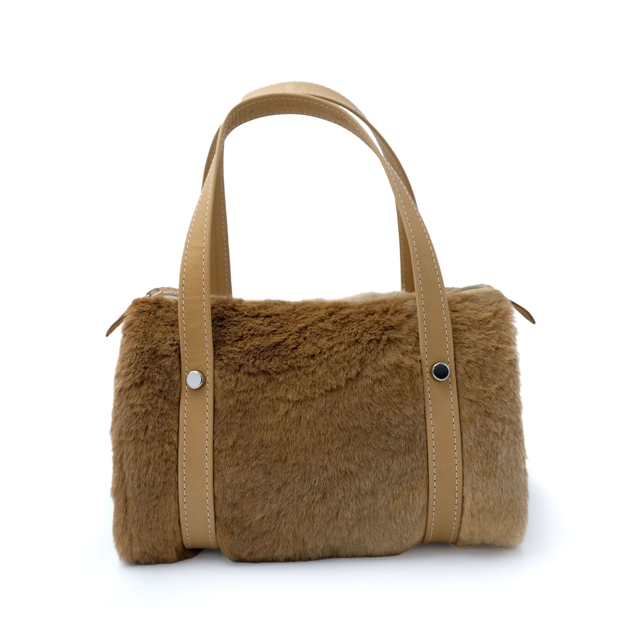 Beige fluffy sheepskin shoulder bag with leather handles, front view. - Yellow Earth Australia