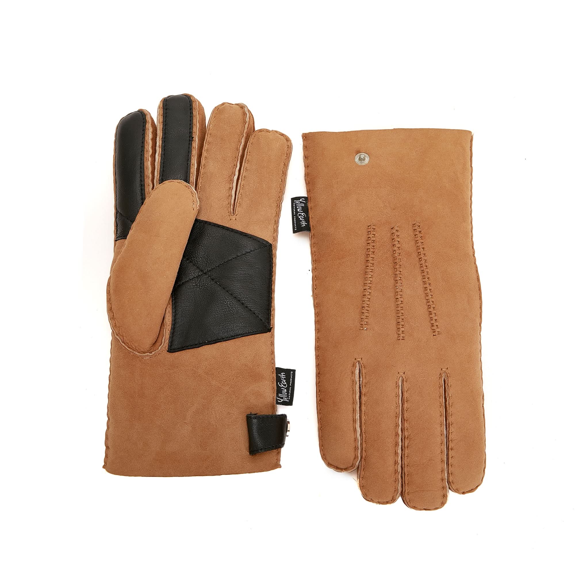 Tan and black sheepskin gloves shown front and back view with stitched details. - Yellow Earth Australia