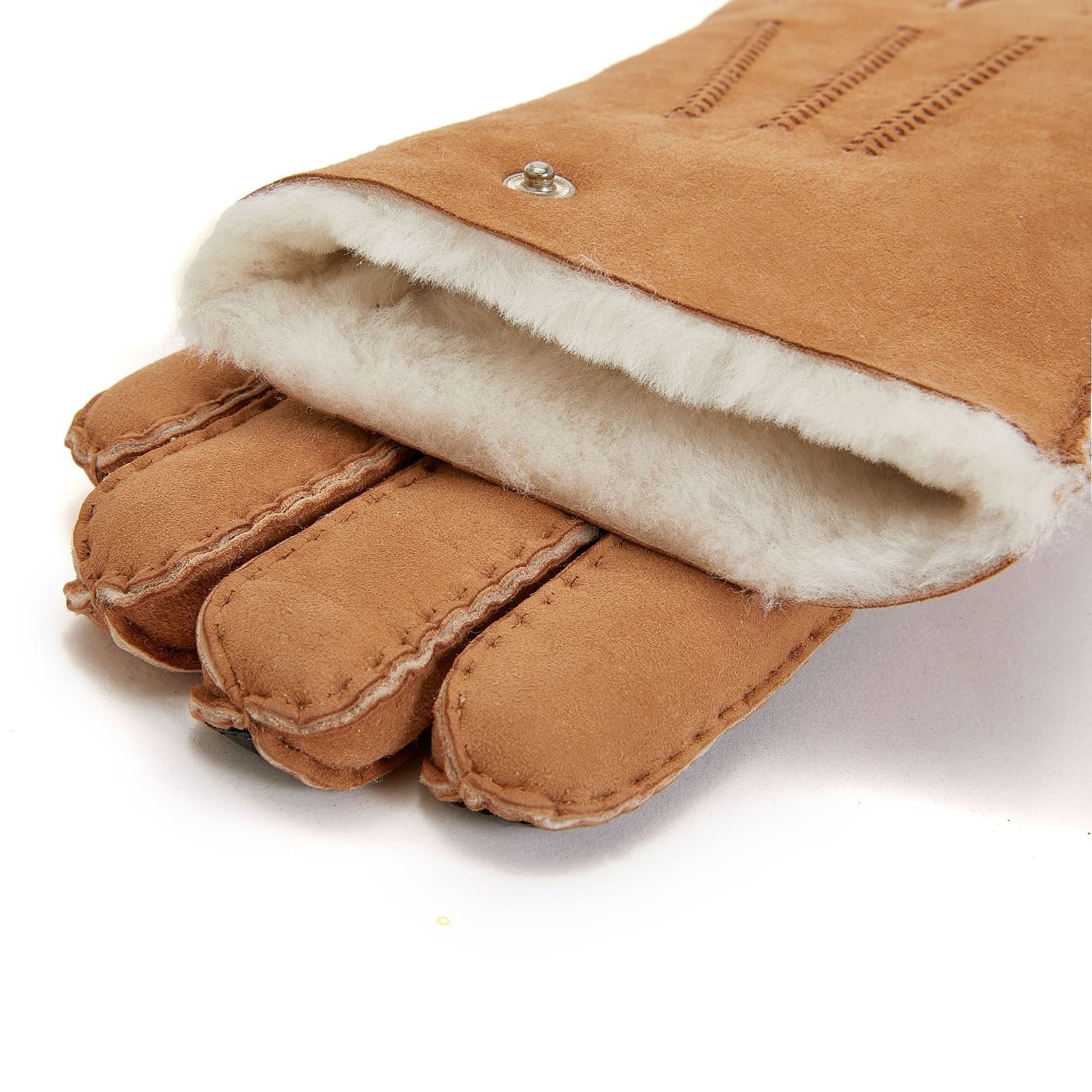 Tan sheepskin gloves with cream wool lining, angled front view showing individual fingers. - Yellow Earth Australia