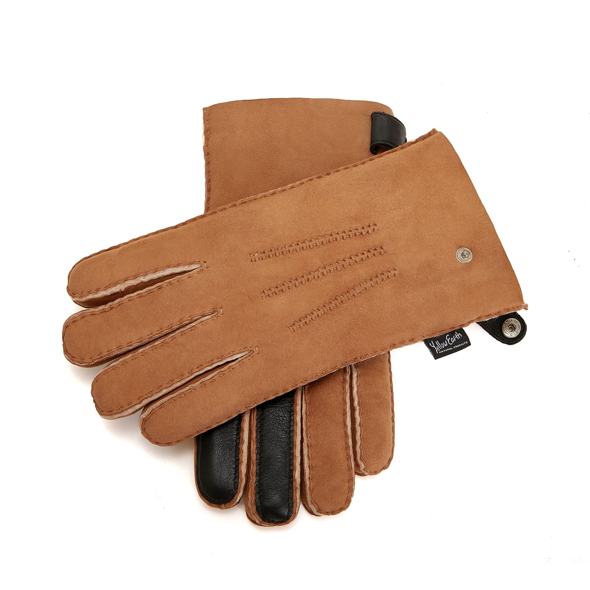 Tan suede and black leather gloves displayed flat showing stitched detail and palm lining. - Yellow Earth Australia