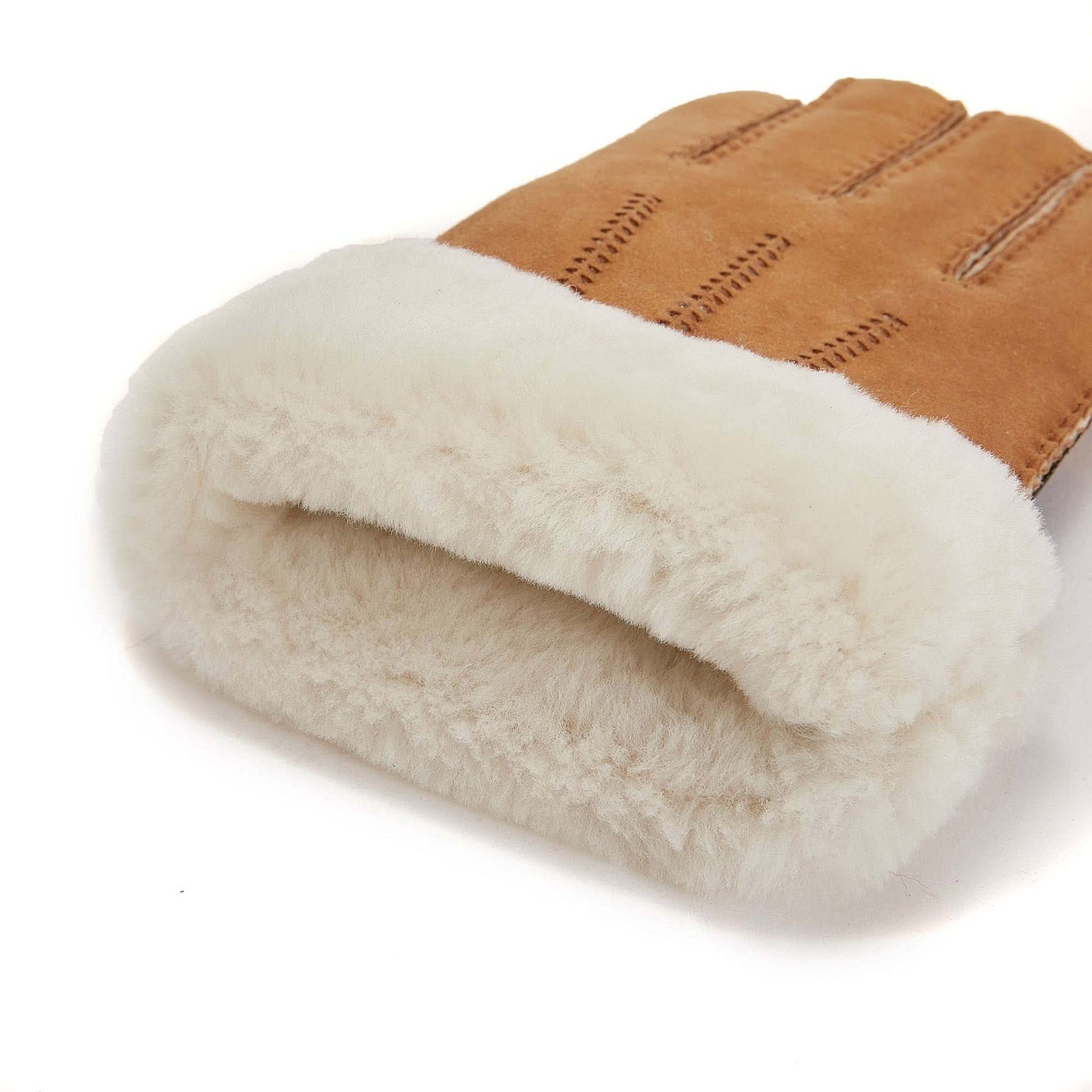 Tan leather and cream sheepskin gloves with fleece lining, angled top view. - Yellow Earth Australia