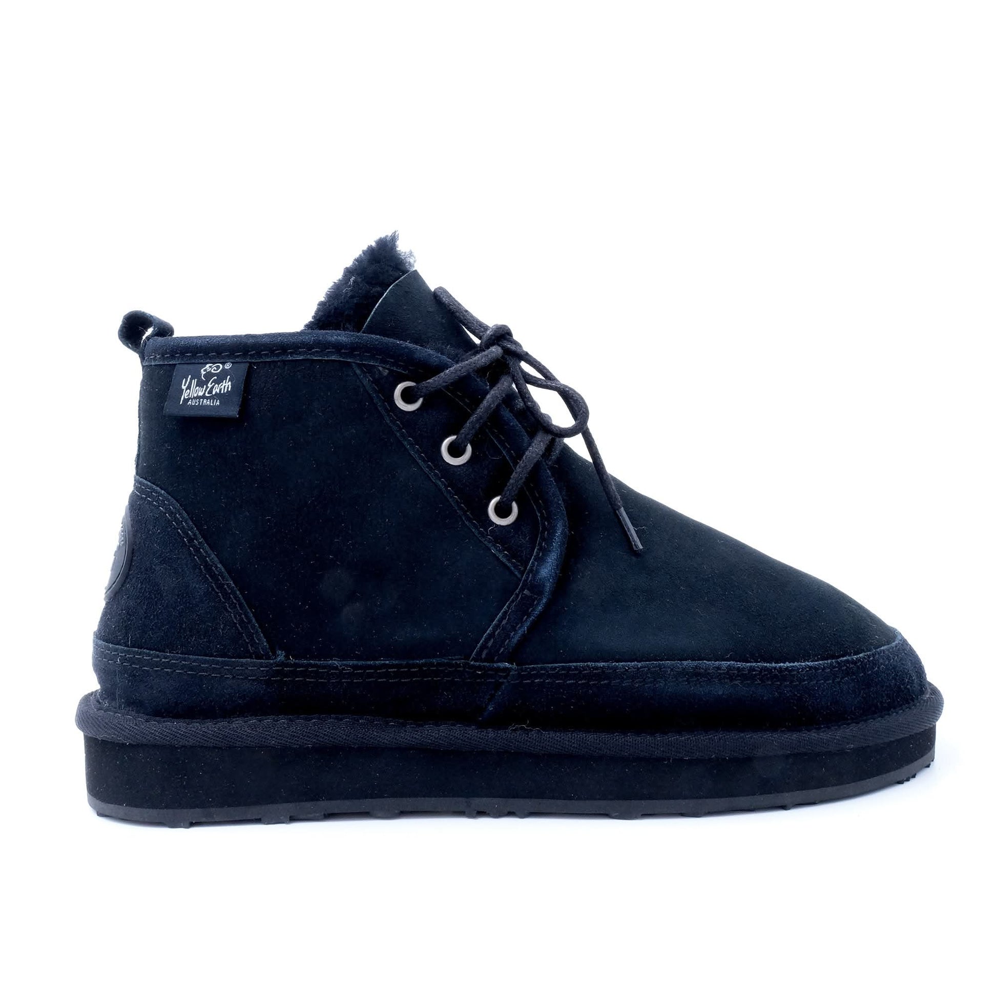 Navy suede sheepskin lace-up ankle boot with wool lining, side view. - Yellow Earth Australia