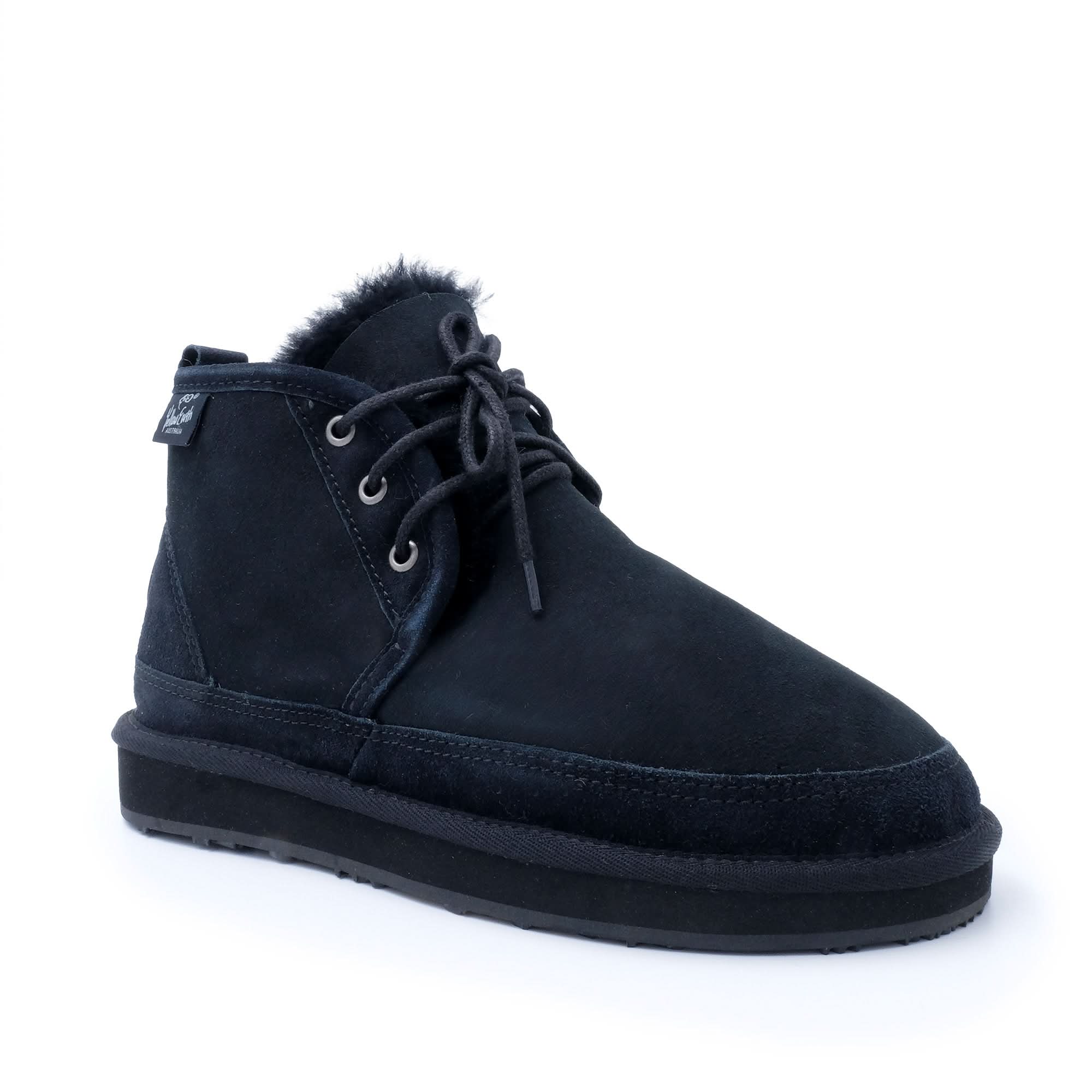 Black sheepskin lace-up ankle boot with fluffy wool collar, shown from the side angle. - Yellow Earth Australia