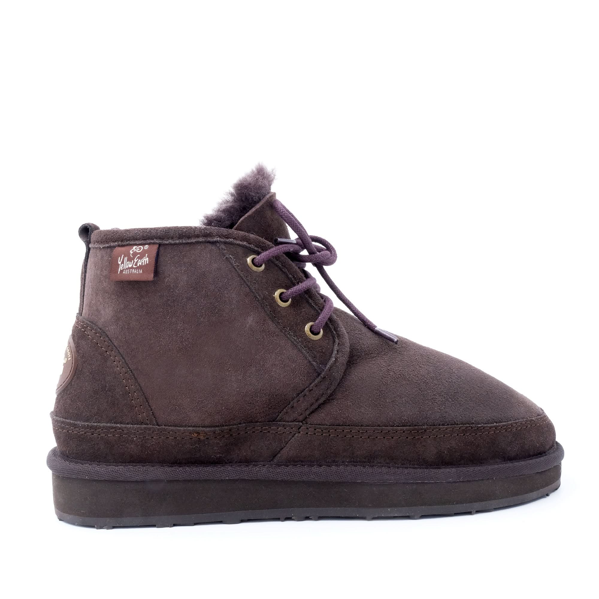 Charcoal sheepskin lace-up ankle boot with wool lining, side view. - Yellow Earth Australia