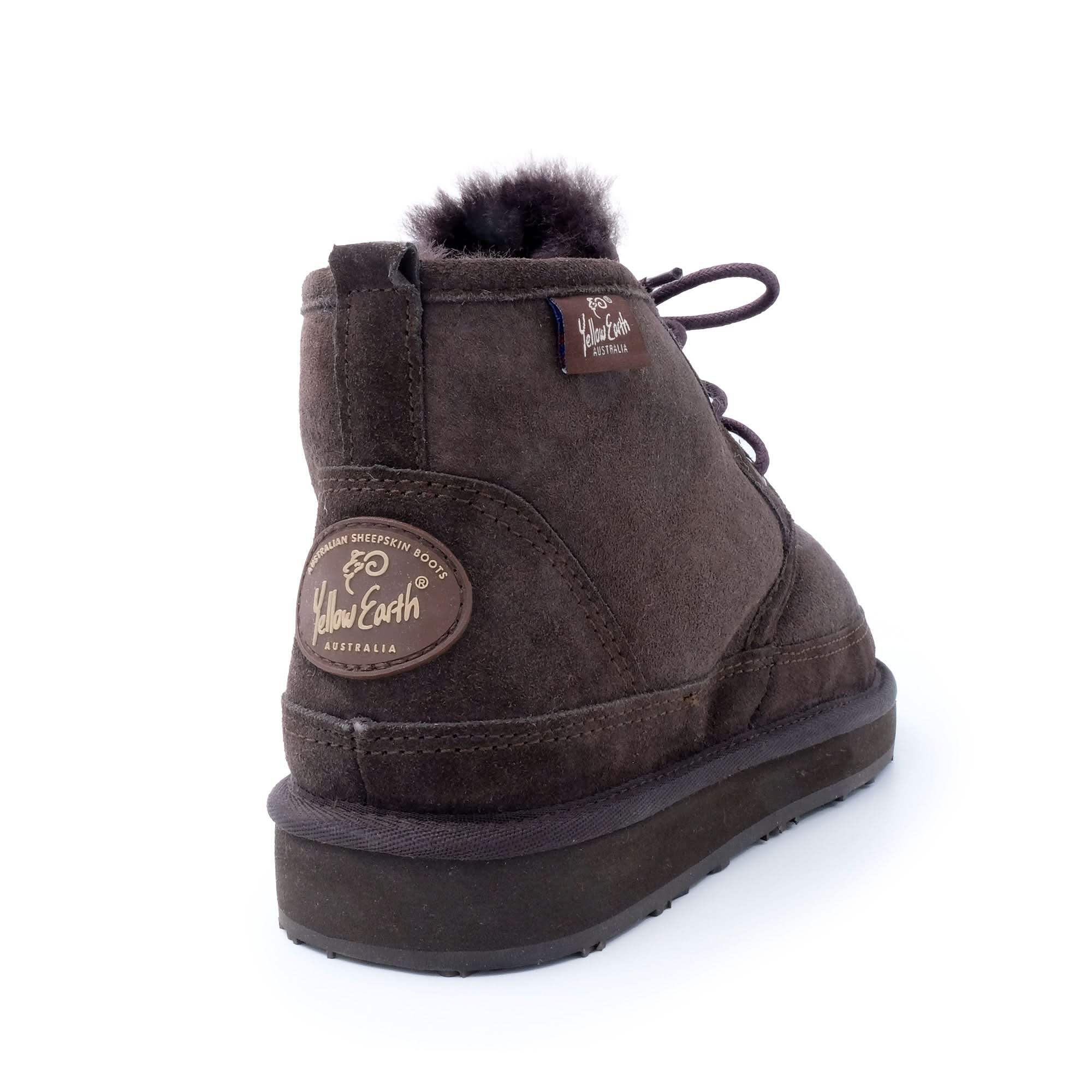 Charcoal sheepskin lace-up boot with fuzzy wool collar, rear view. - Yellow Earth Australia