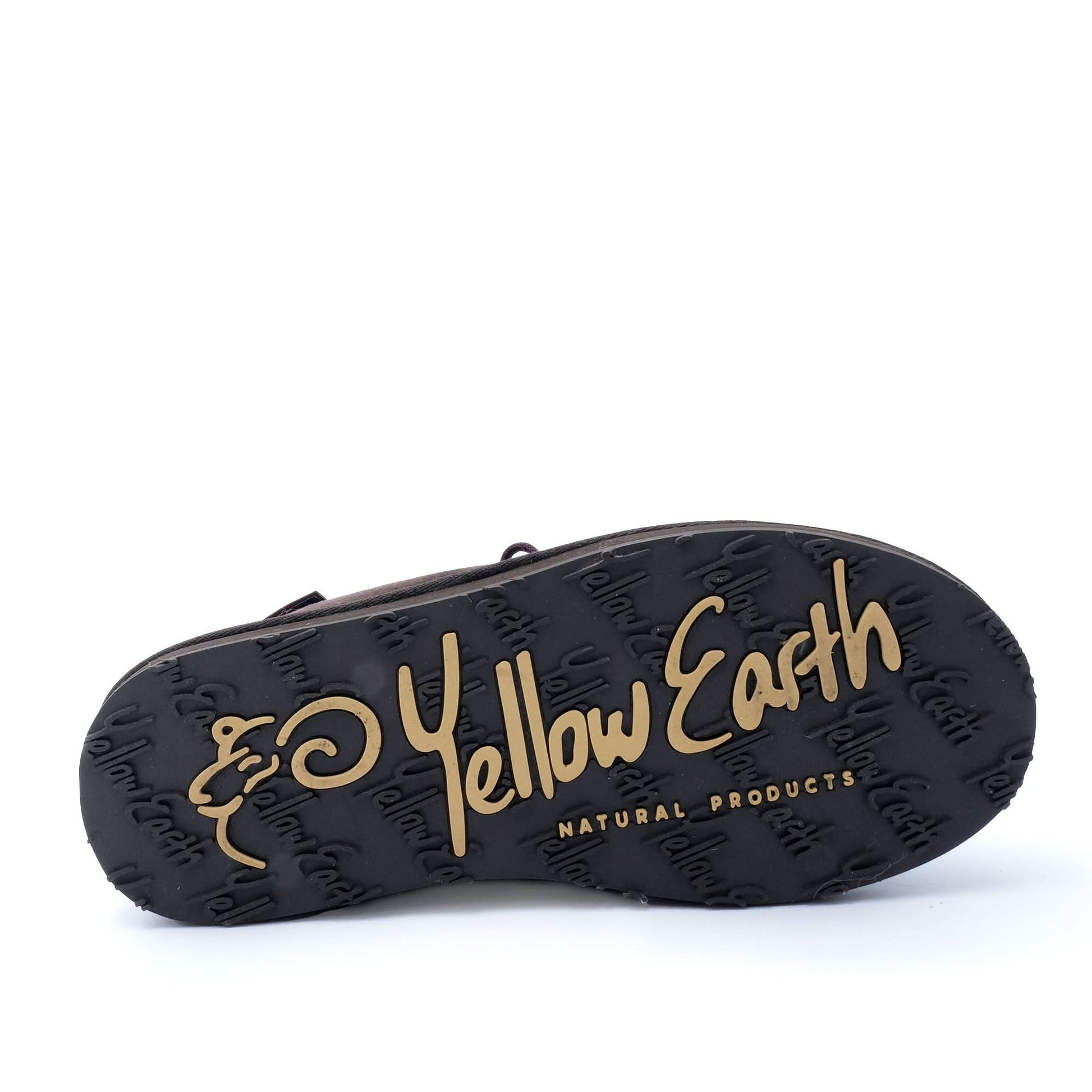 Black sheepskin slipper sole with gold text, bottom view showing tread pattern. - Yellow Earth Australia