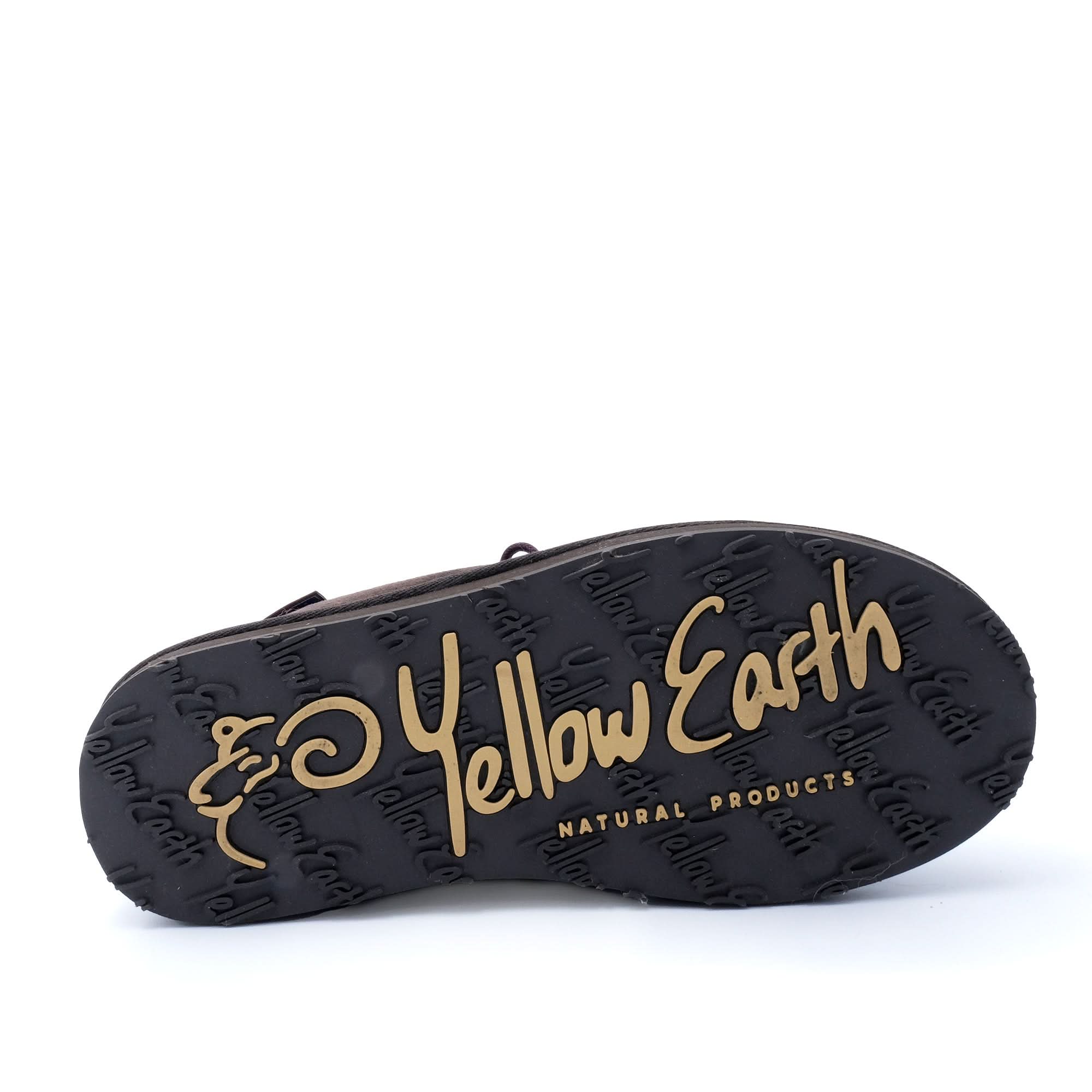 Black sheepskin slipper sole with gold text, bottom view showing tread pattern. - Yellow Earth Australia