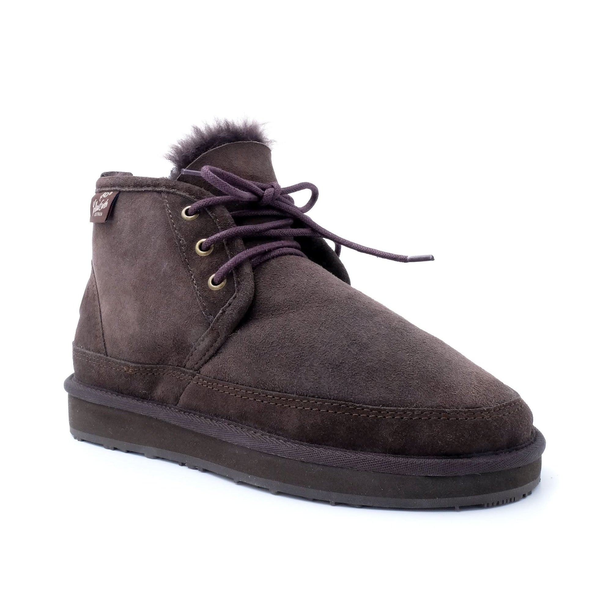 Charcoal suede lace-up ankle boot with sheepskin lining, displayed from the side angle. - Yellow Earth Australia