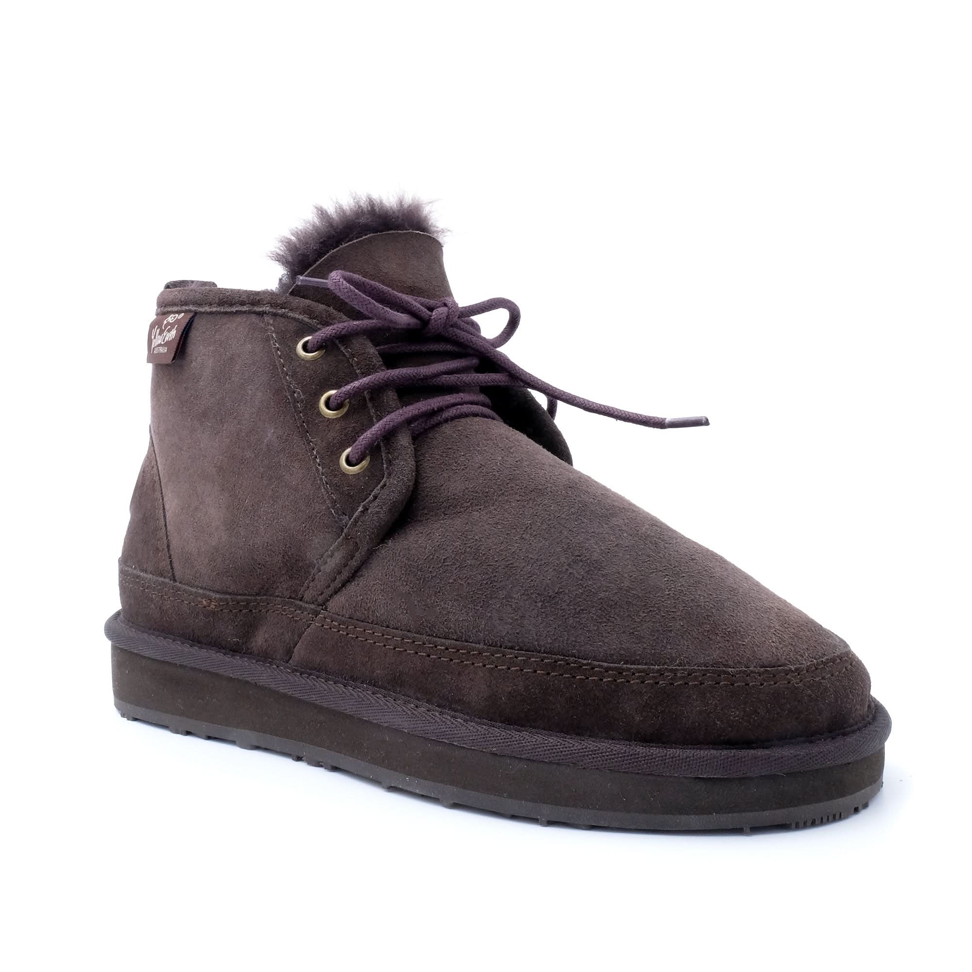 Charcoal suede lace-up ankle boot with sheepskin lining, displayed from the side angle. - Yellow Earth Australia