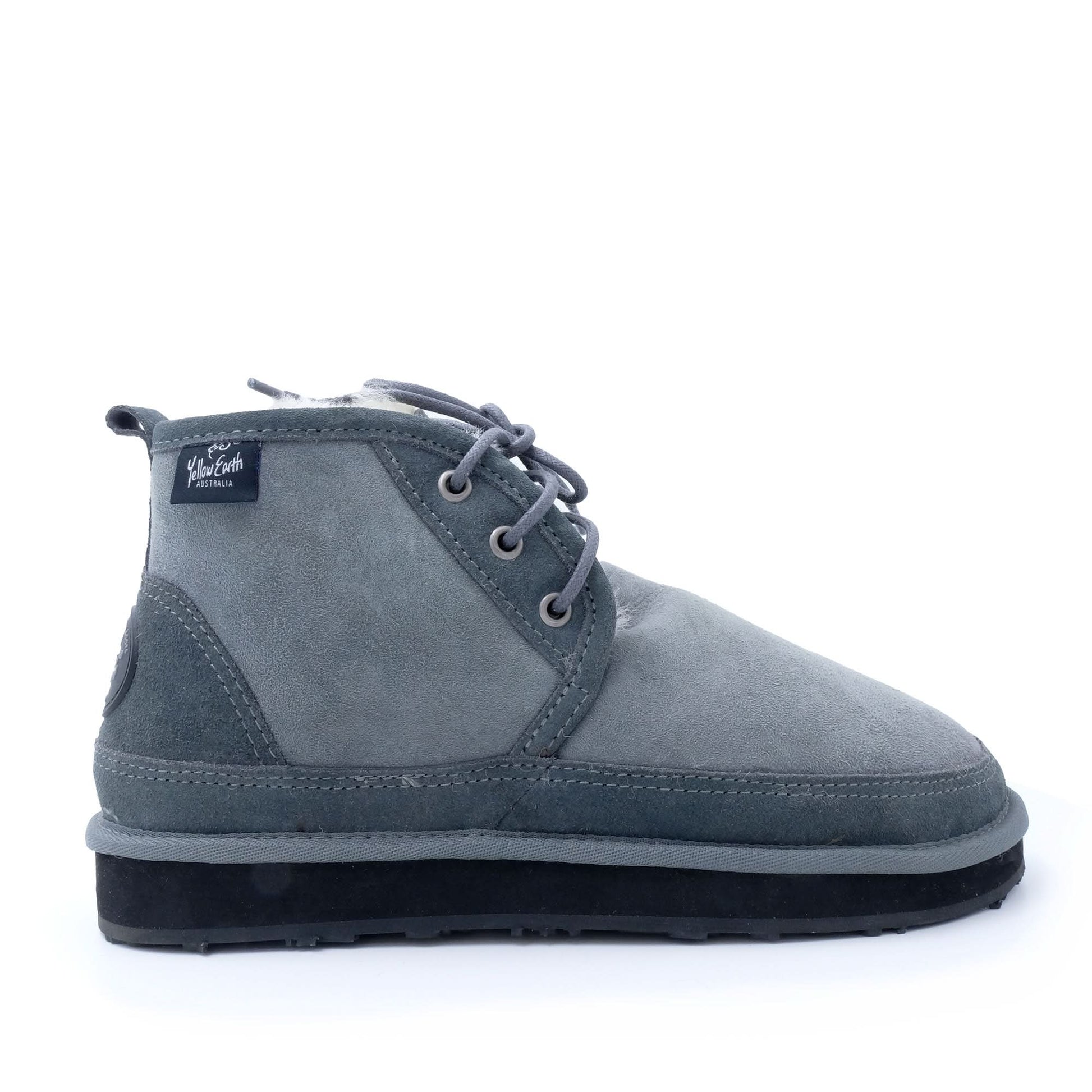 Grey suede sheepskin lace-up ankle boot with wool lining, side view. - Yellow Earth Australia