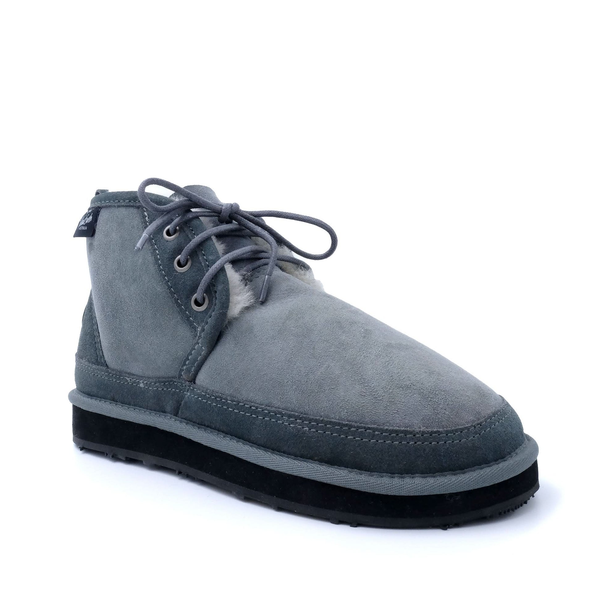 Grey suede lace-up sheepskin ankle boot with black sole, side view. - Yellow Earth Australia