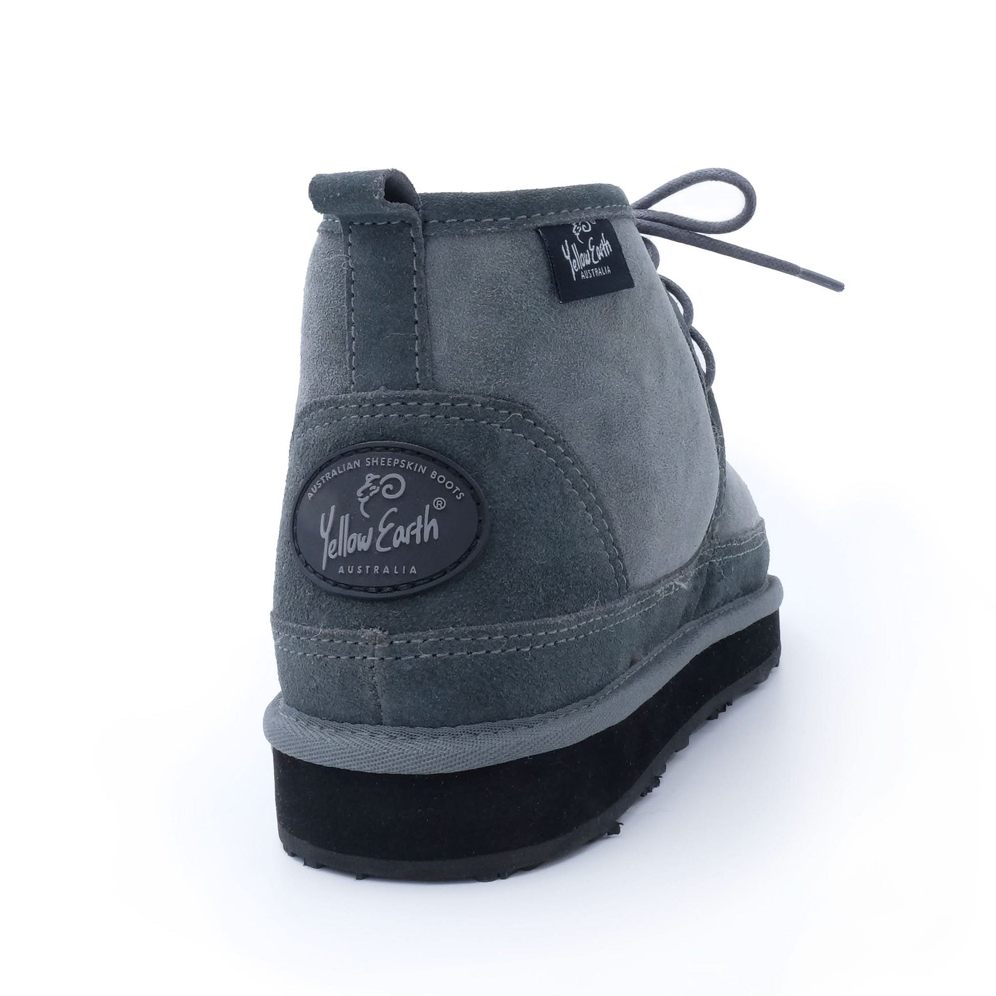 Grey suede sheepskin lace-up boot with black sole, back view. - Yellow Earth Australia