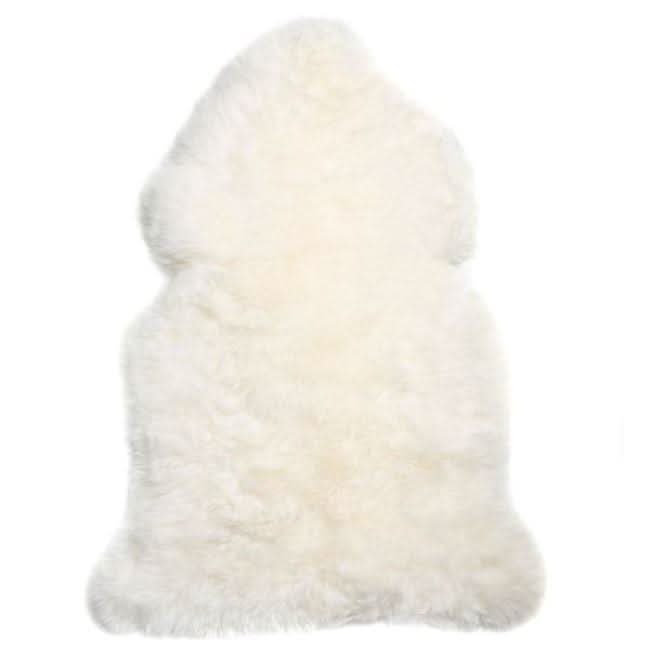 White sheepskin rug with thick woolly fleece shown from top view. - Yellow Earth Australia