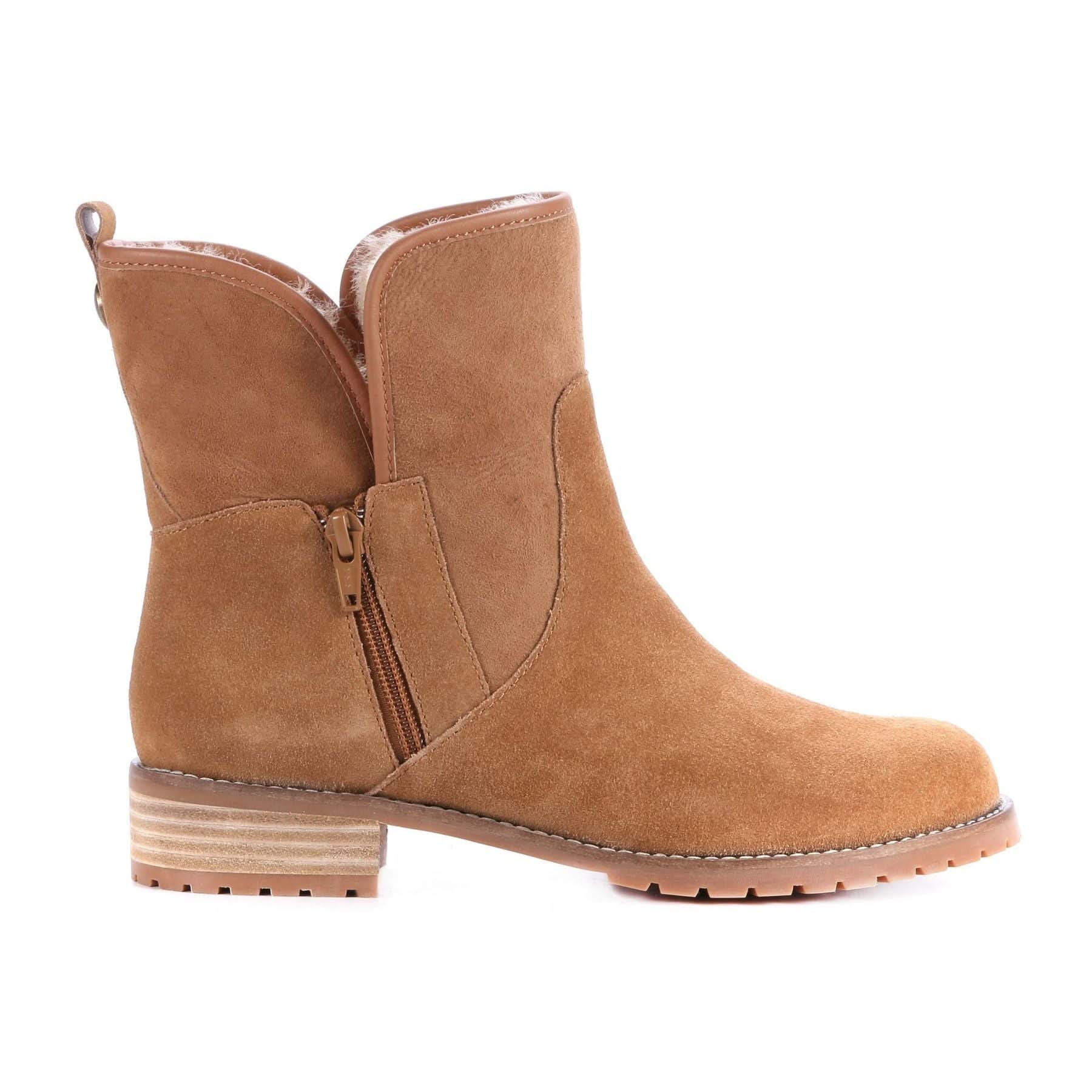 Tan suede sheepskin ankle boot with chunky lug sole, side view. - Yellow Earth Australia