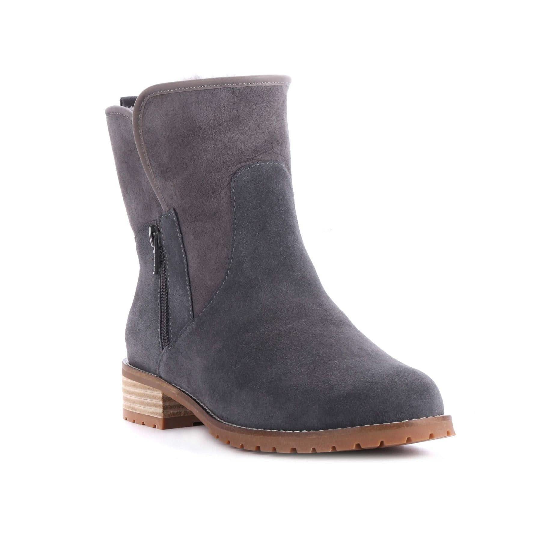 Grey suede mid-calf boot with chunky tan heel and lug sole, side view. - Yellow Earth Australia