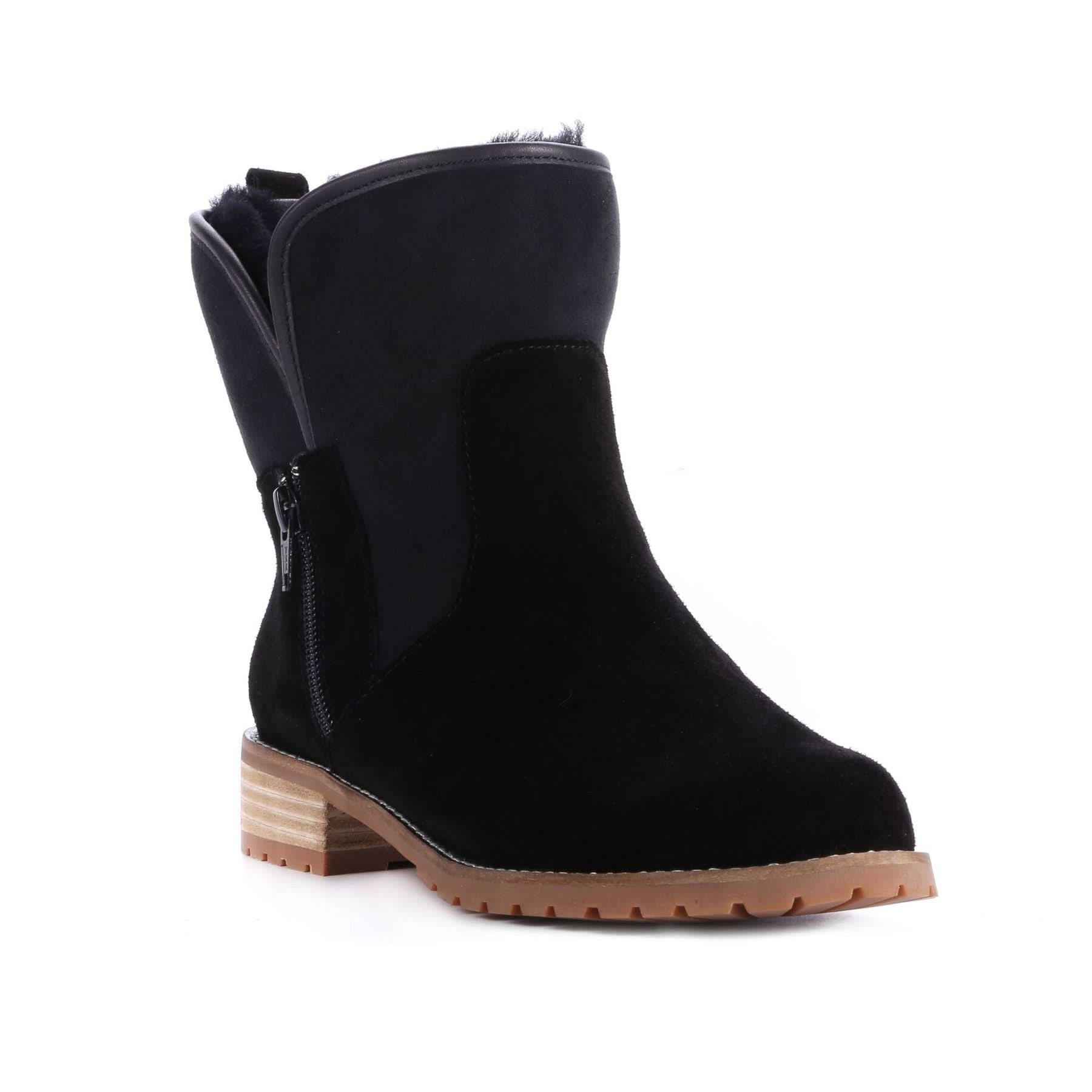 Black suede sheepskin boot with chunky tan sole, side view. - Yellow Earth Australia