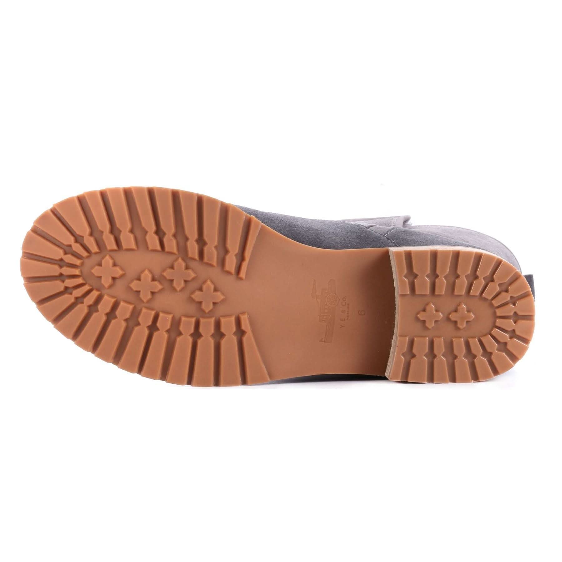 Grey sheepskin boot sole view showing tan rubber tread pattern and texture. - Yellow Earth Australia