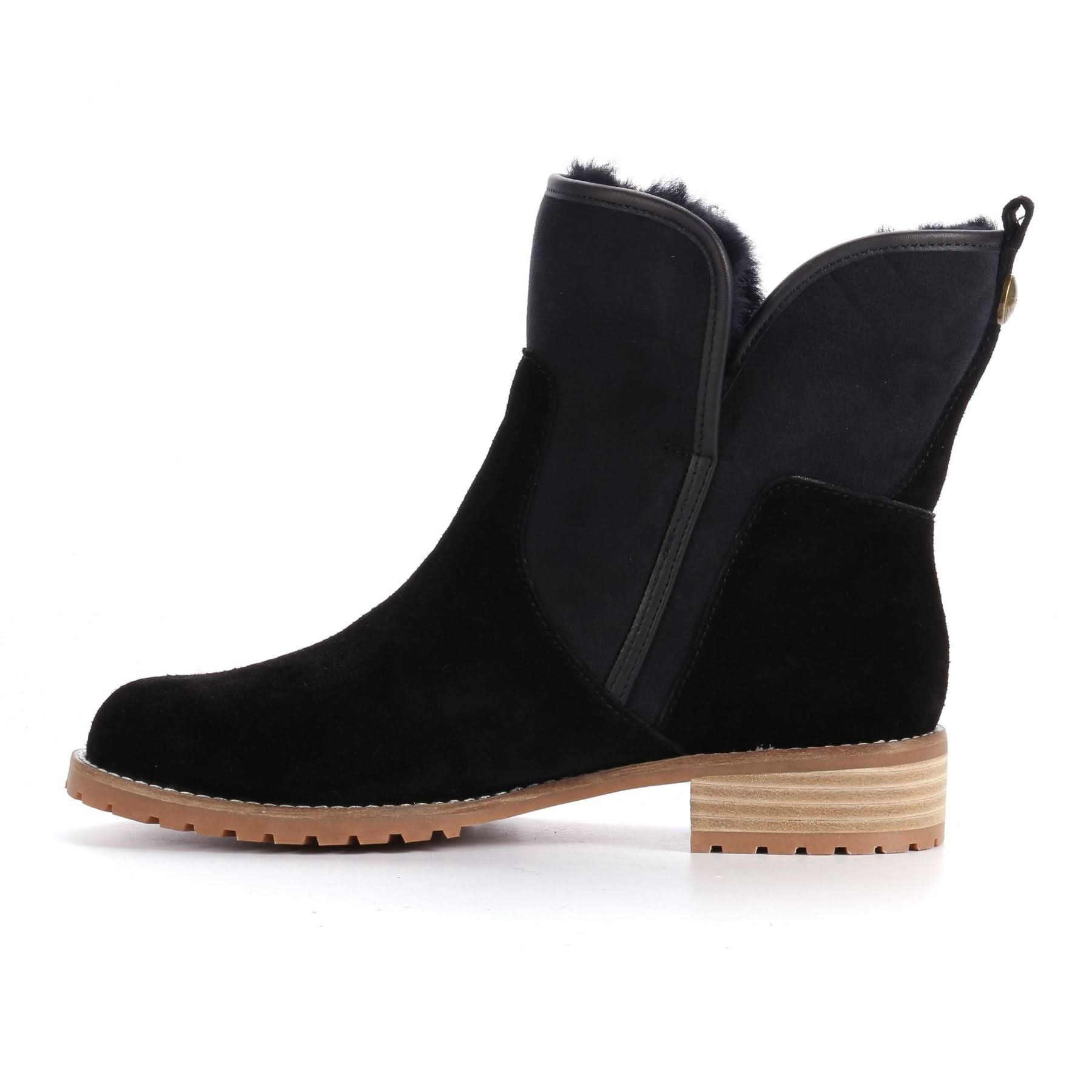 Black suede sheepskin ankle boot with fleece lining and lug sole, side view. - Yellow Earth Australia