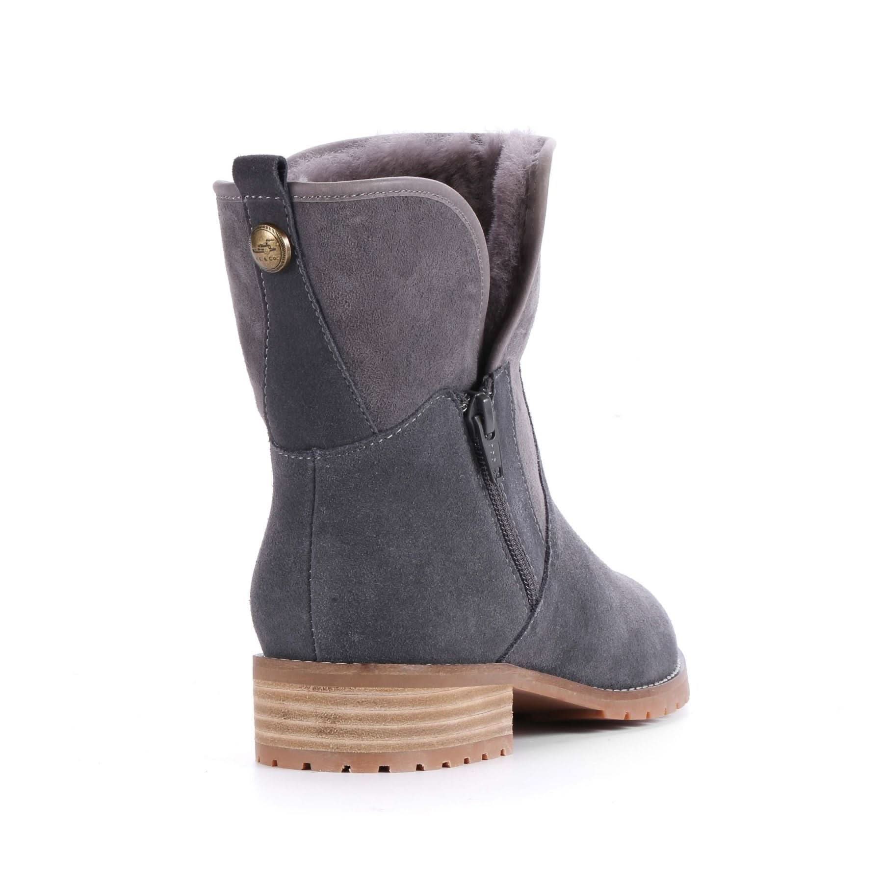Grey sheepskin mid-calf boot with lug sole, back view. - Yellow Earth Australia