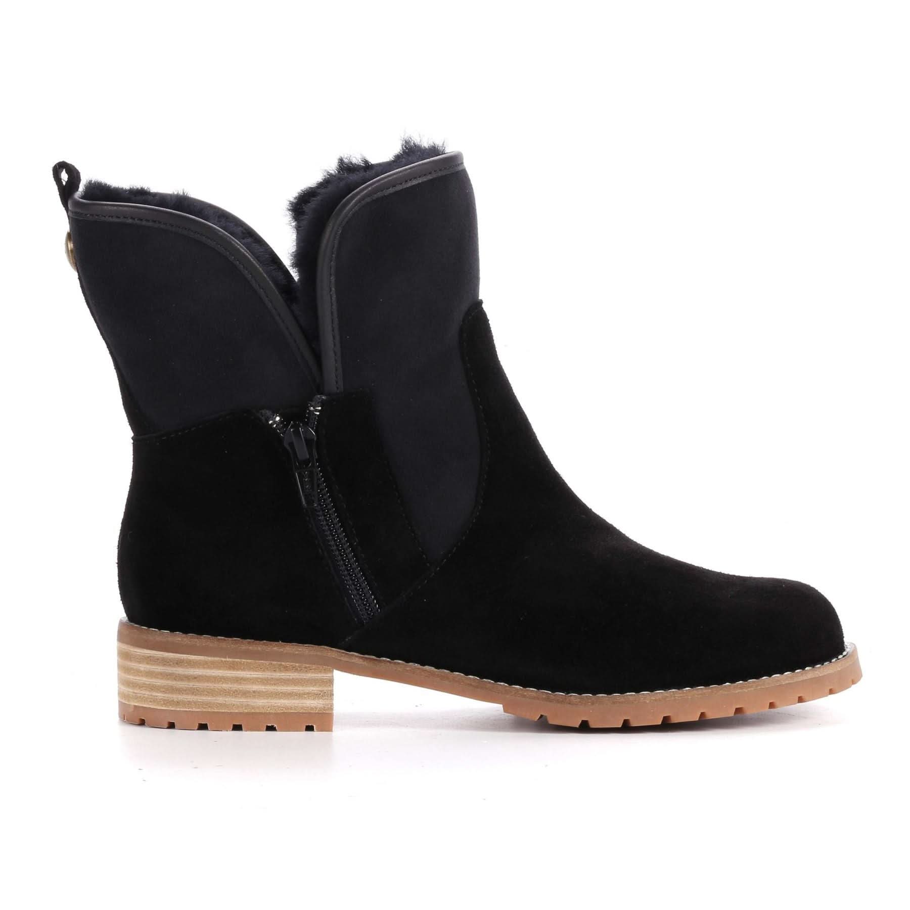 Black suede sheepskin ankle boot with fur lining and tan rubber sole, side view. - Yellow Earth Australia