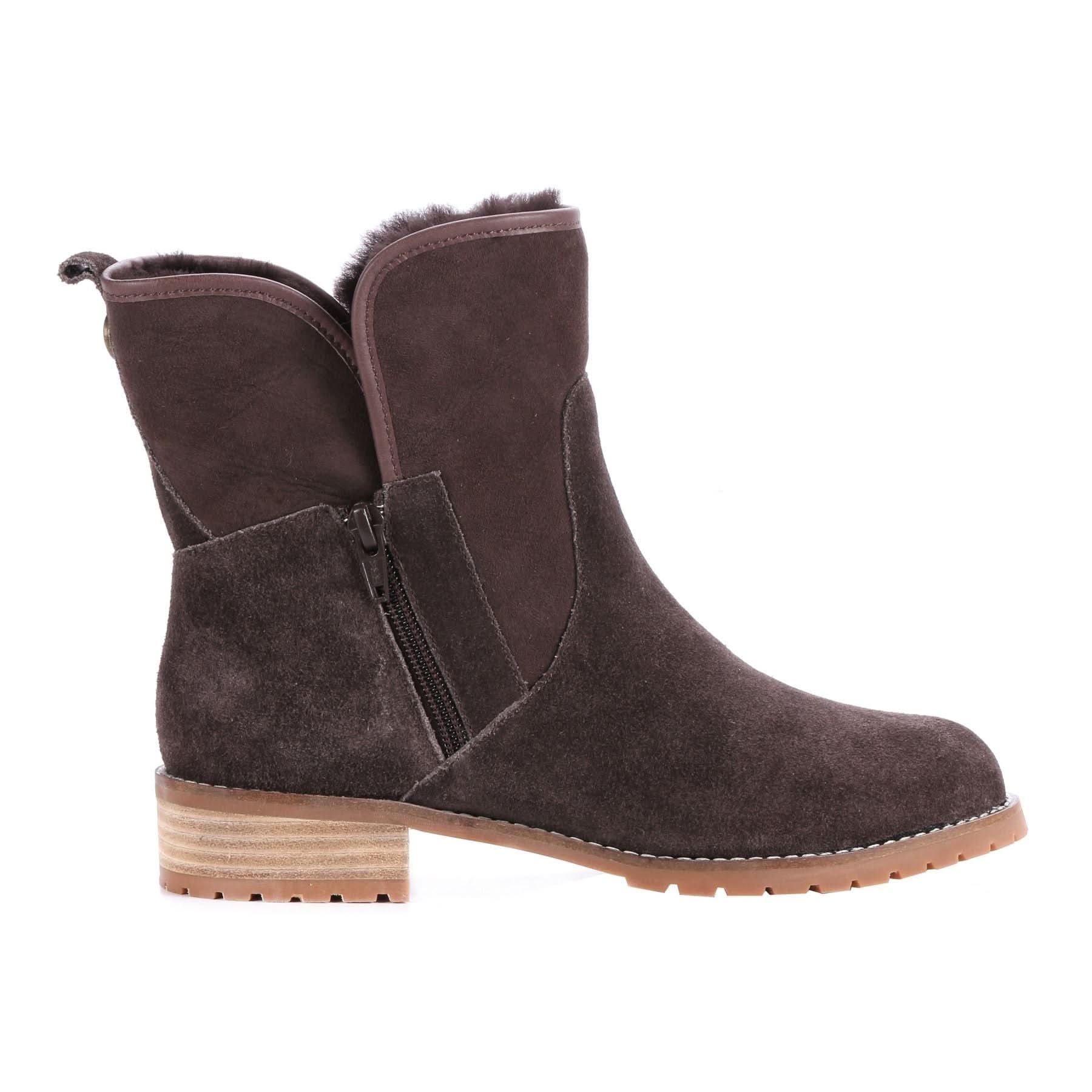 Brown sheepskin wool-lined ankle boot with chunky sole, side view. - Yellow Earth Australia