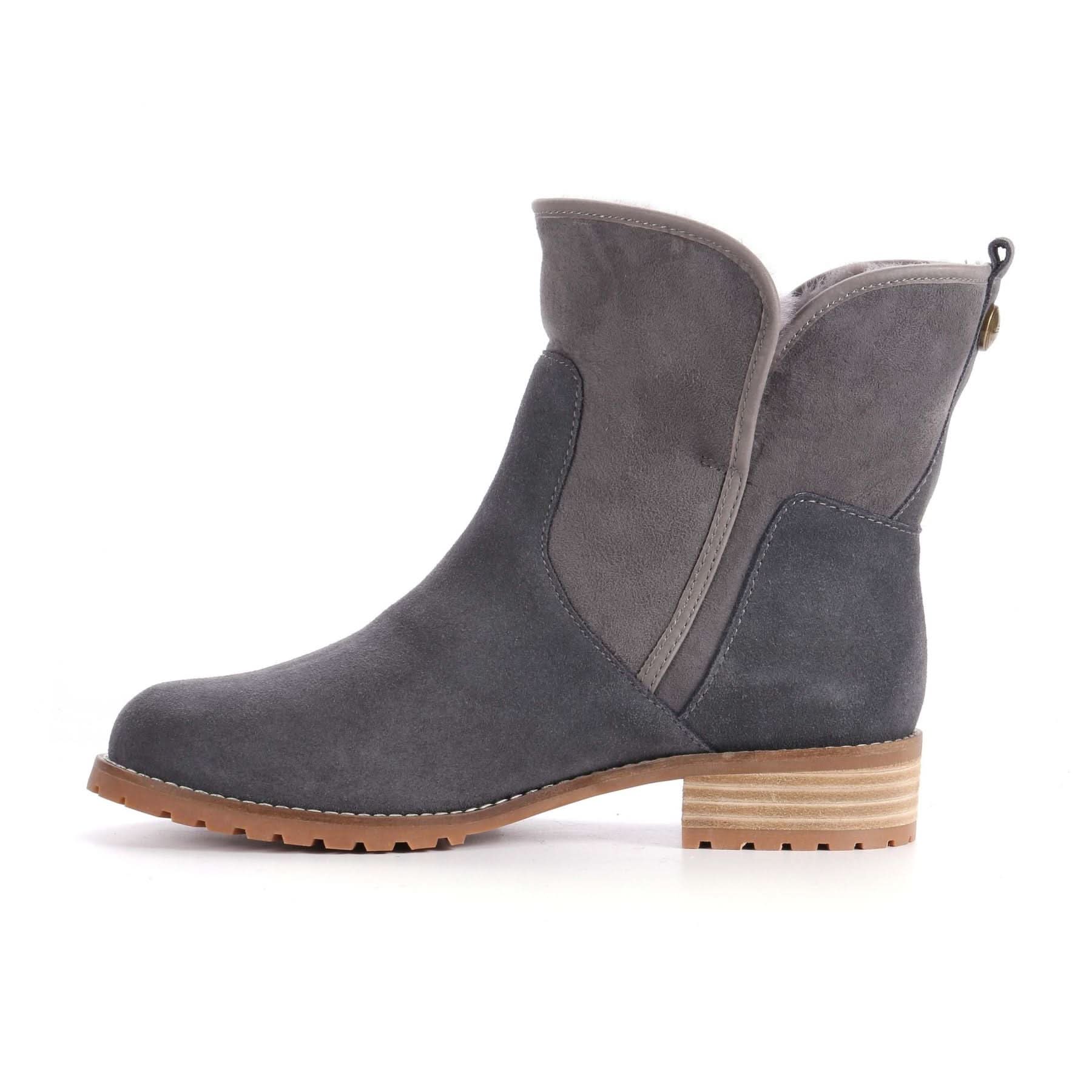 Grey suede mid-calf boot with tan lug sole, side view. - Yellow Earth Australia