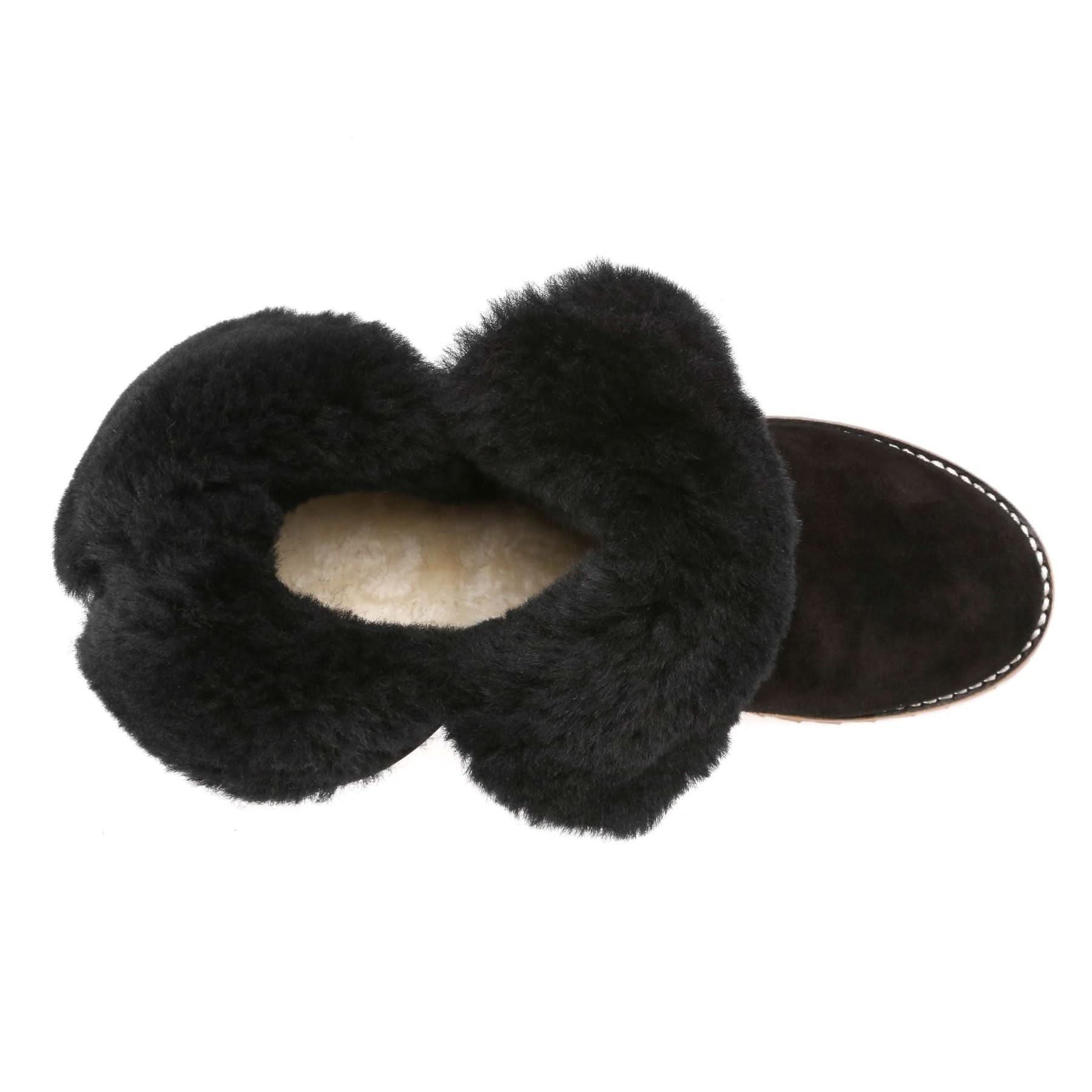 Black sheepskin slipper with fluffy wool collar, top view showing interior lining. - Yellow Earth Australia