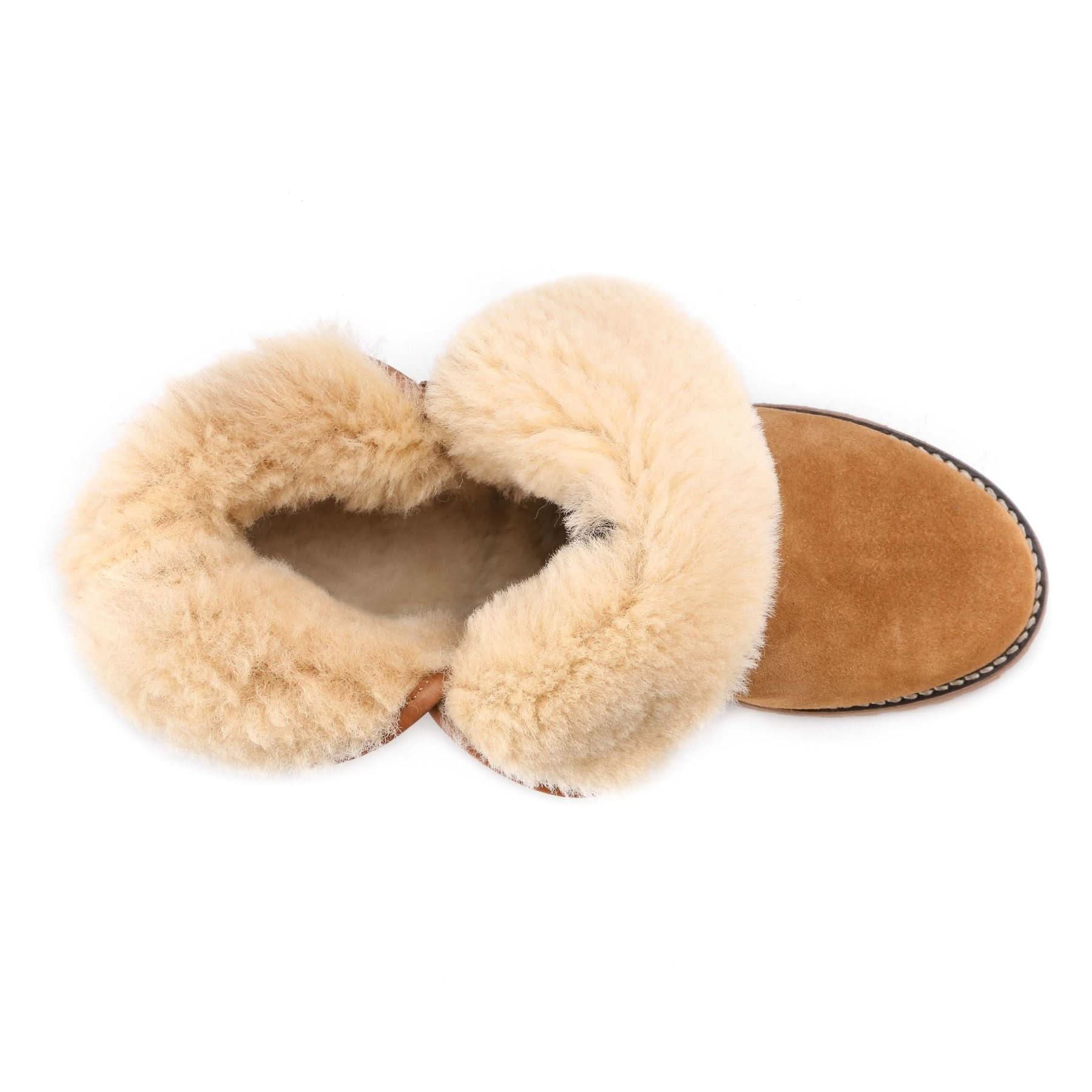 Sheepskin slipper with tan suede exterior and cream wool lining, top view. - Yellow Earth Australia
