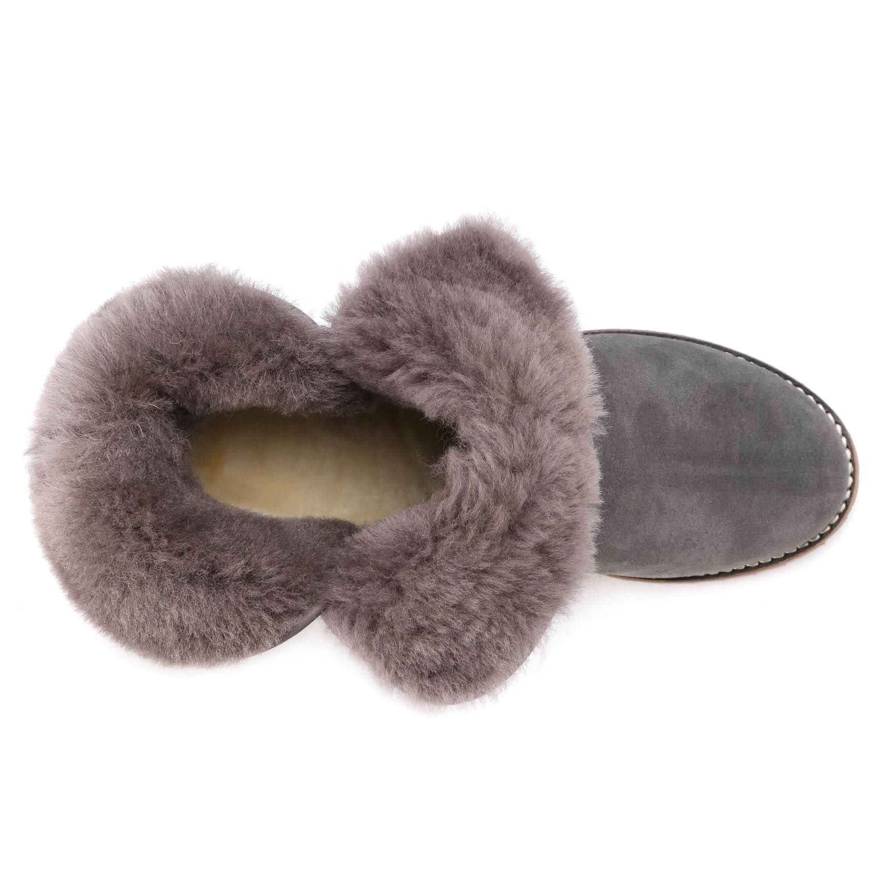 Grey sheepskin slipper with fluffy wool cuff, top and side view. - Yellow Earth Australia