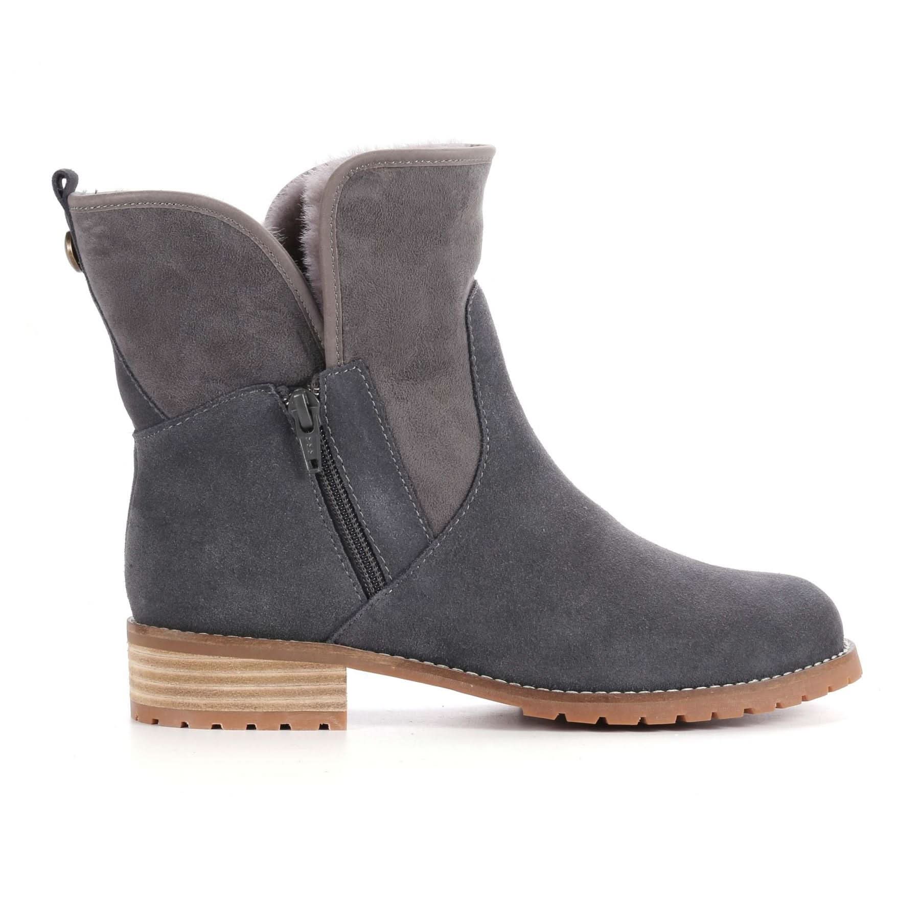 Grey suede sheepskin ankle boot with tan lug sole, side view. - Yellow Earth Australia