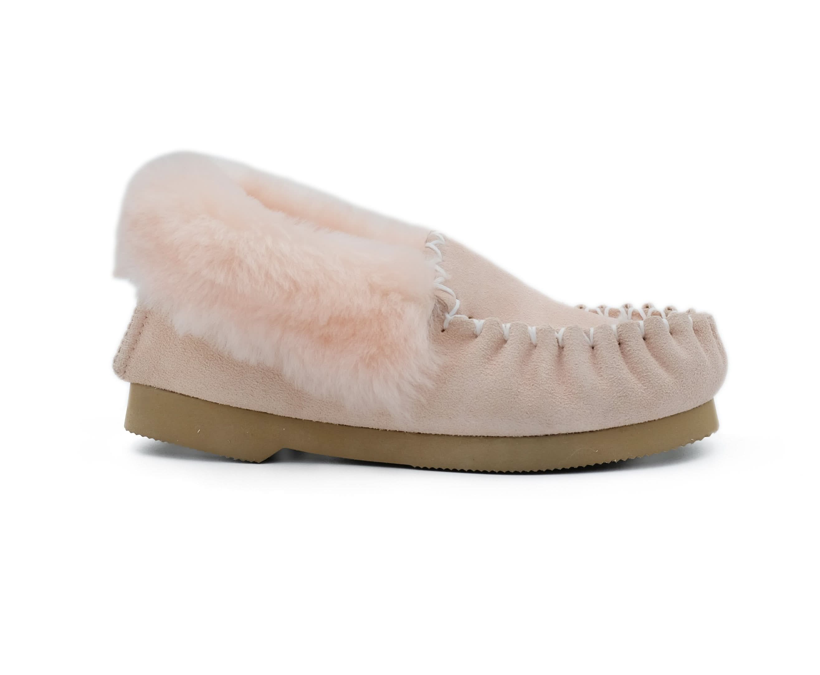 Cream sheepskin moccasin slipper with fluffy wool collar, side view. - Yellow Earth Australia