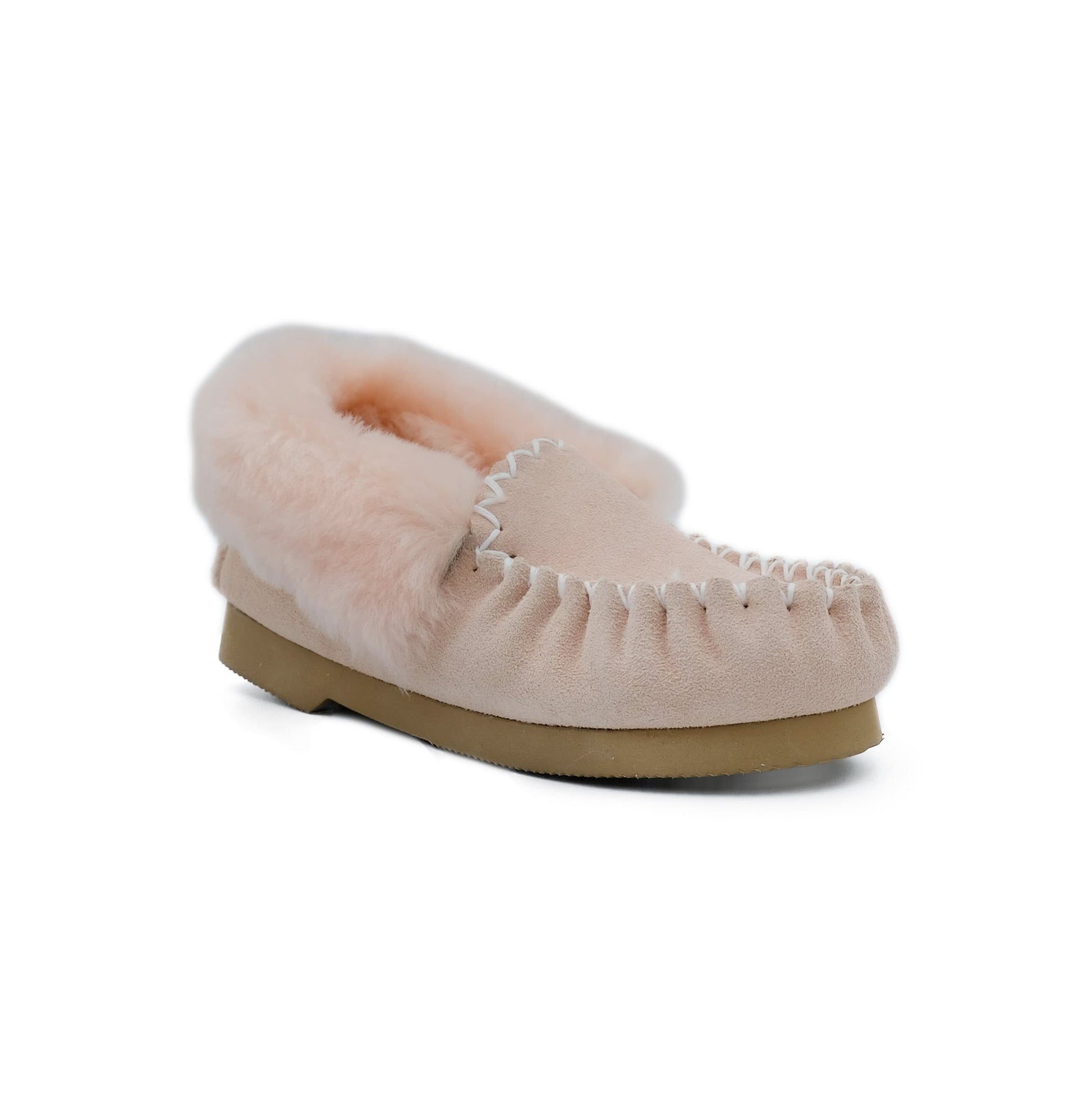Beige sheepskin moccasin slipper with fur trim, side view on white background. - Yellow Earth Australia