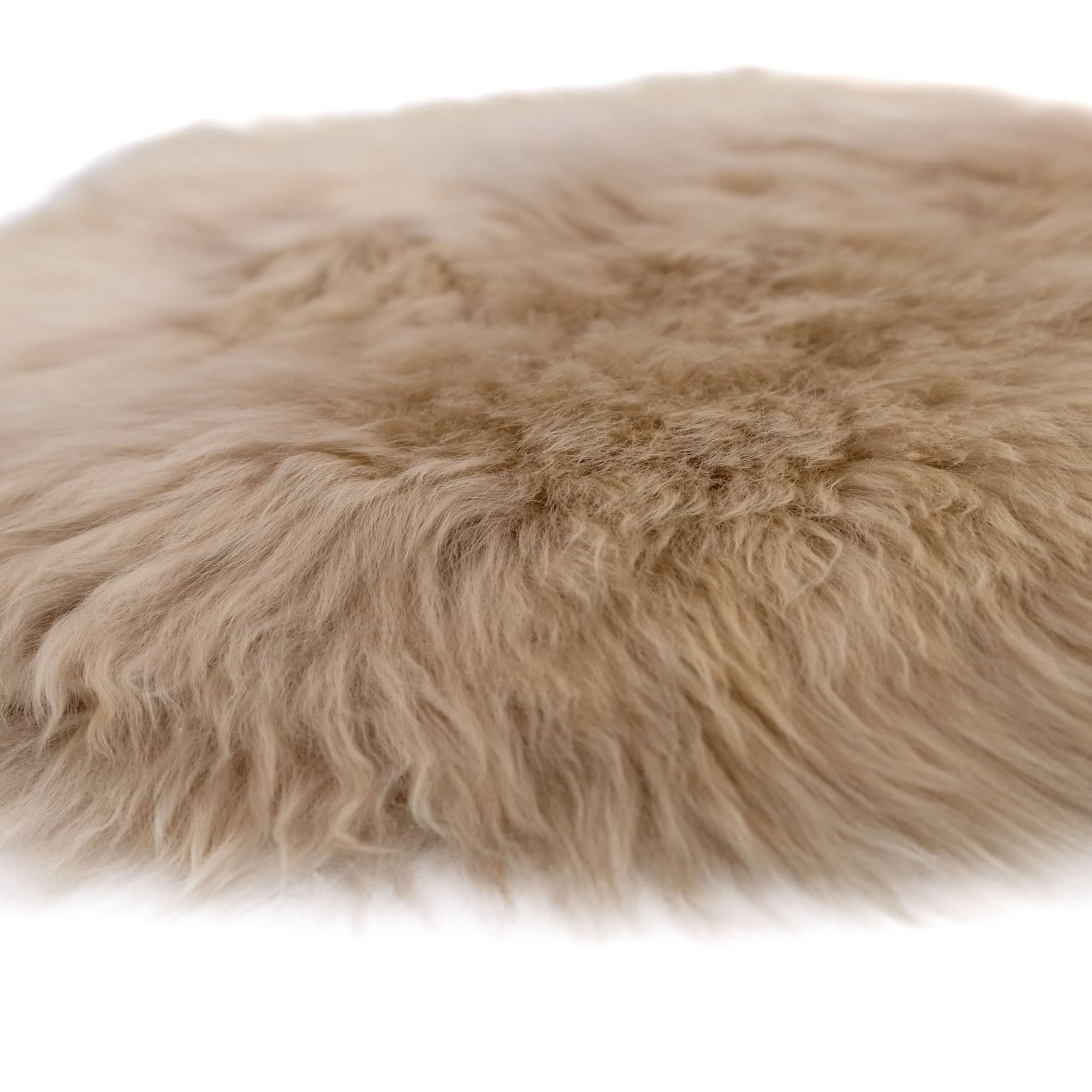 Beige sheepskin rug with soft thick wool pile viewed from above on white background. - Yellow Earth Australia