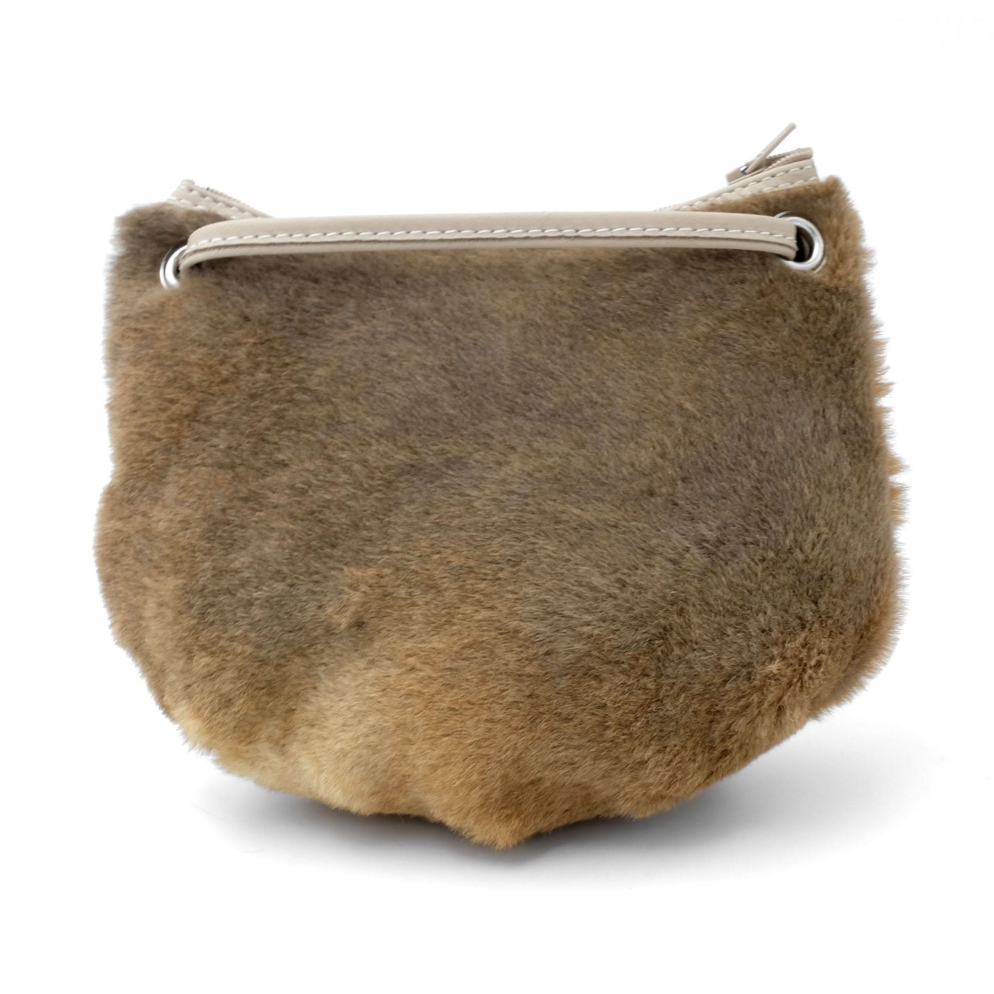 Tan sheepskin crossbody bag with soft wool exterior and cream leather strap, front view. - Yellow Earth Australia
