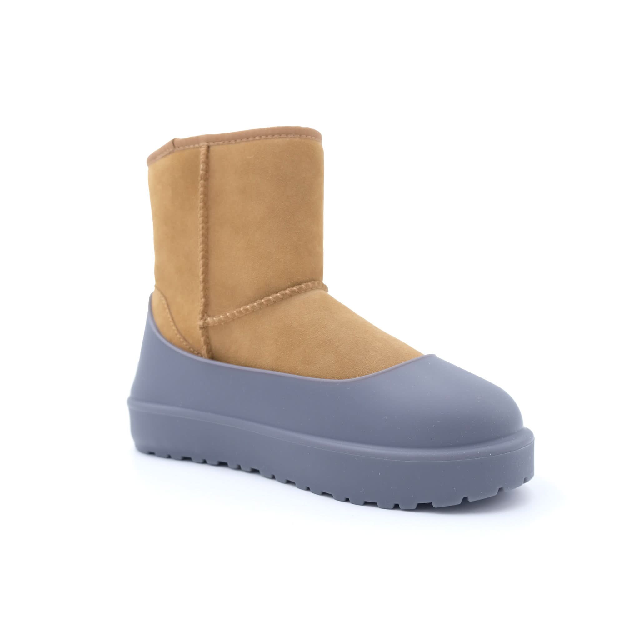 Tan and grey sheepskin wool platform boot, side view. - Yellow Earth Australia