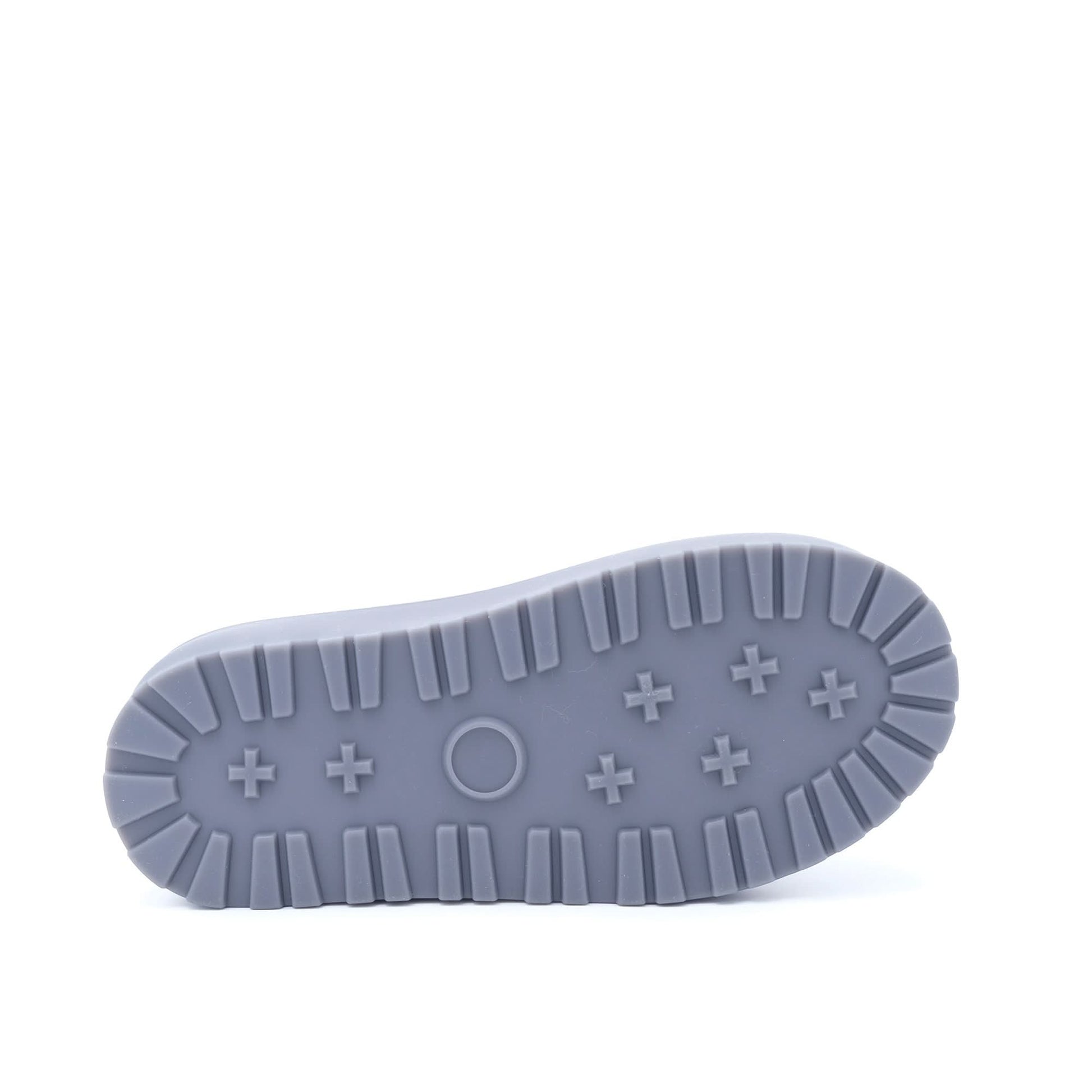 Grey sheepskin boot sole with textured rubber grip and cross pattern detail, bottom view. - Yellow Earth Australia
