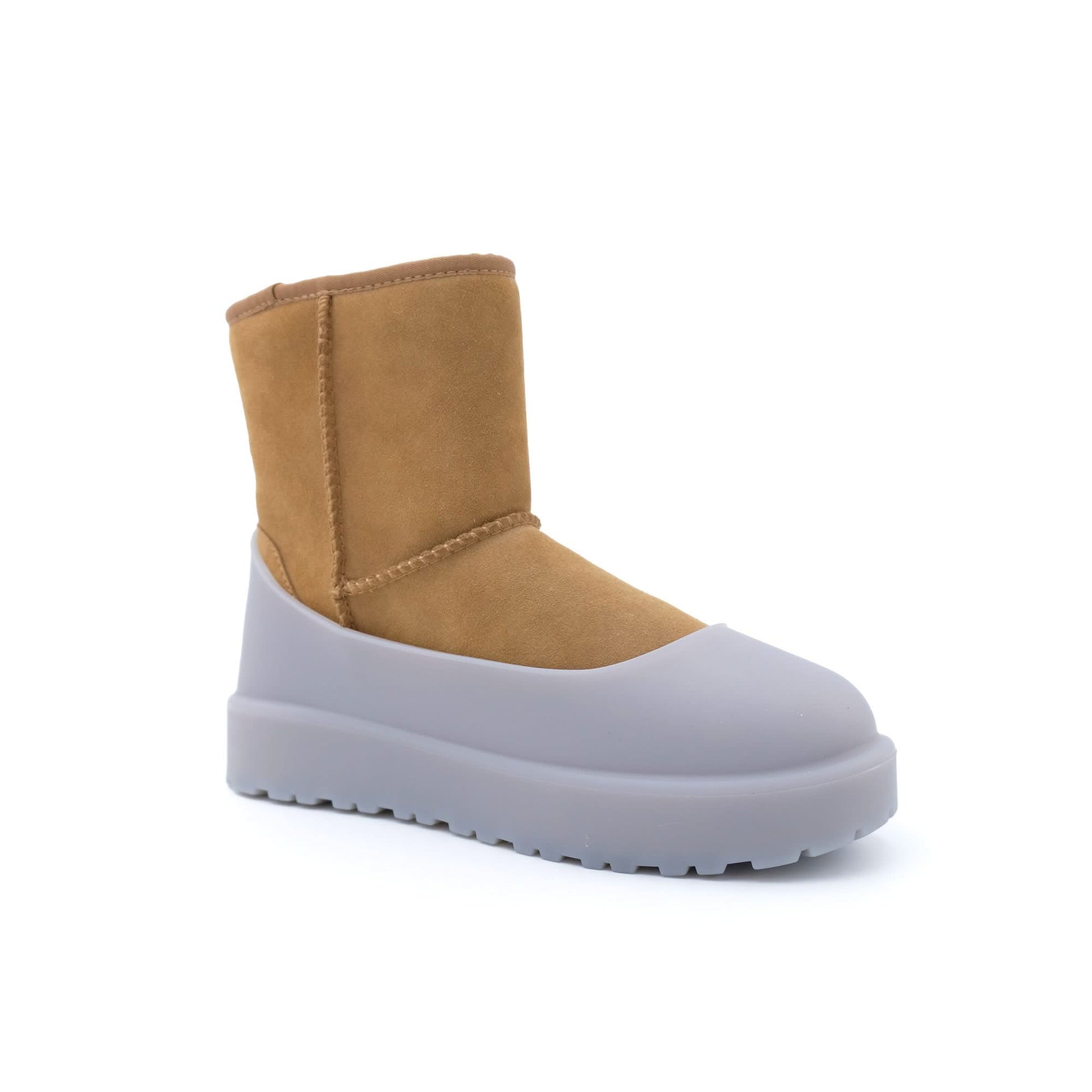 Tan suede and white platform winter boot, side view. - Yellow Earth Australia