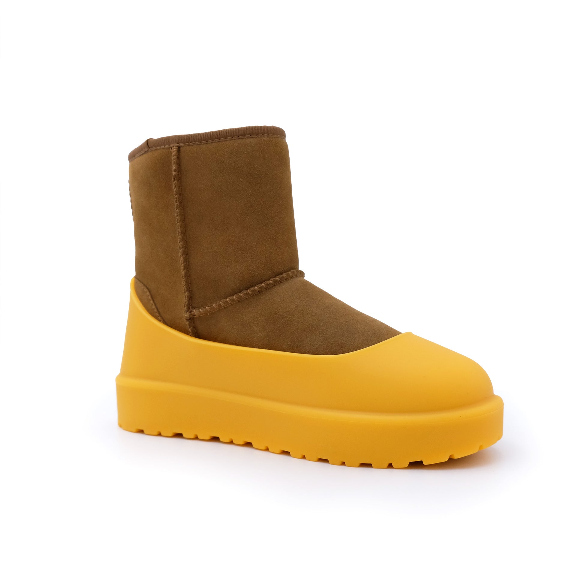 Yellow and caramel sheepskin platform boot with chunky tread sole, side view. - Yellow Earth Australia