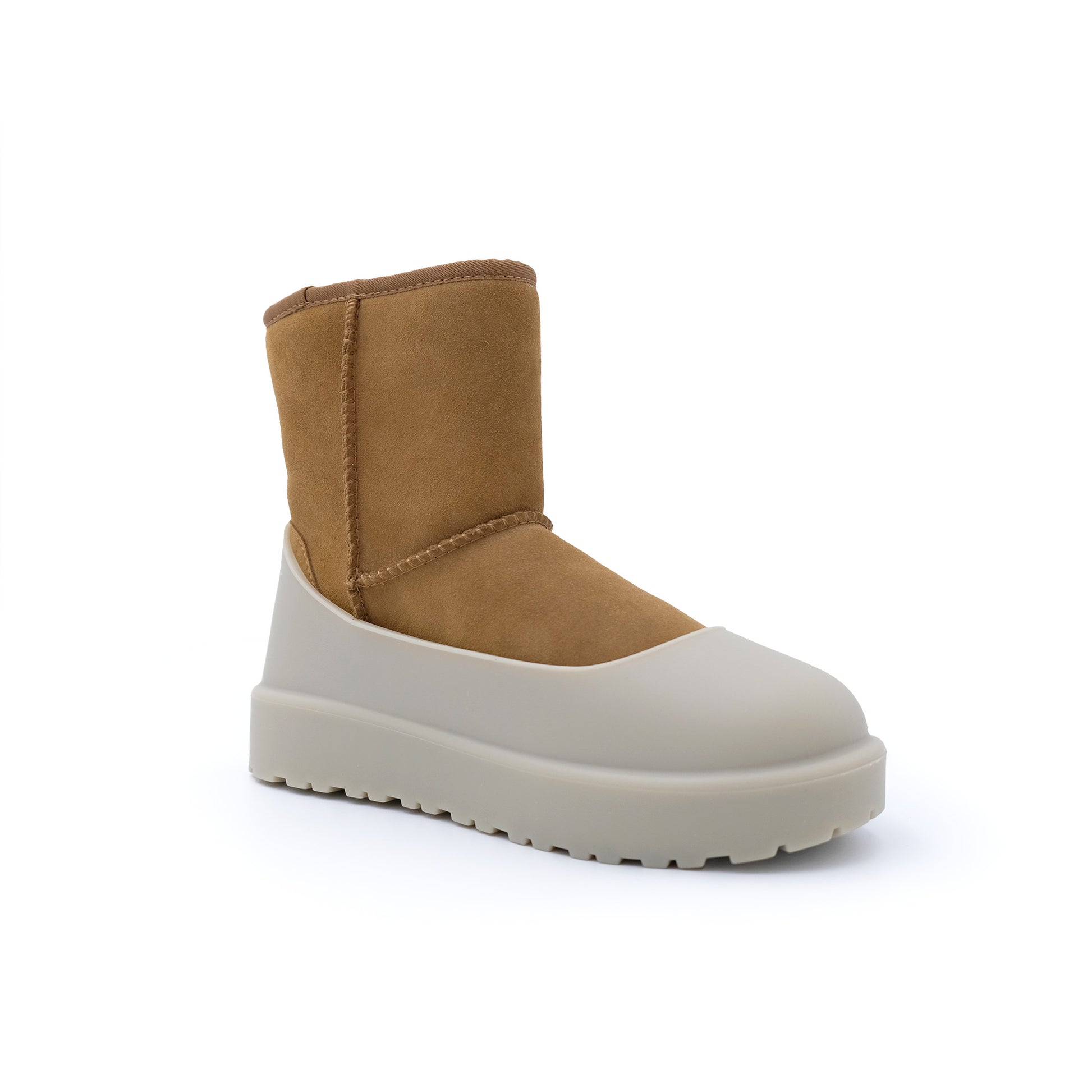 Camel and cream sheepskin platform boot side view with chunky sole. - Yellow Earth Australia